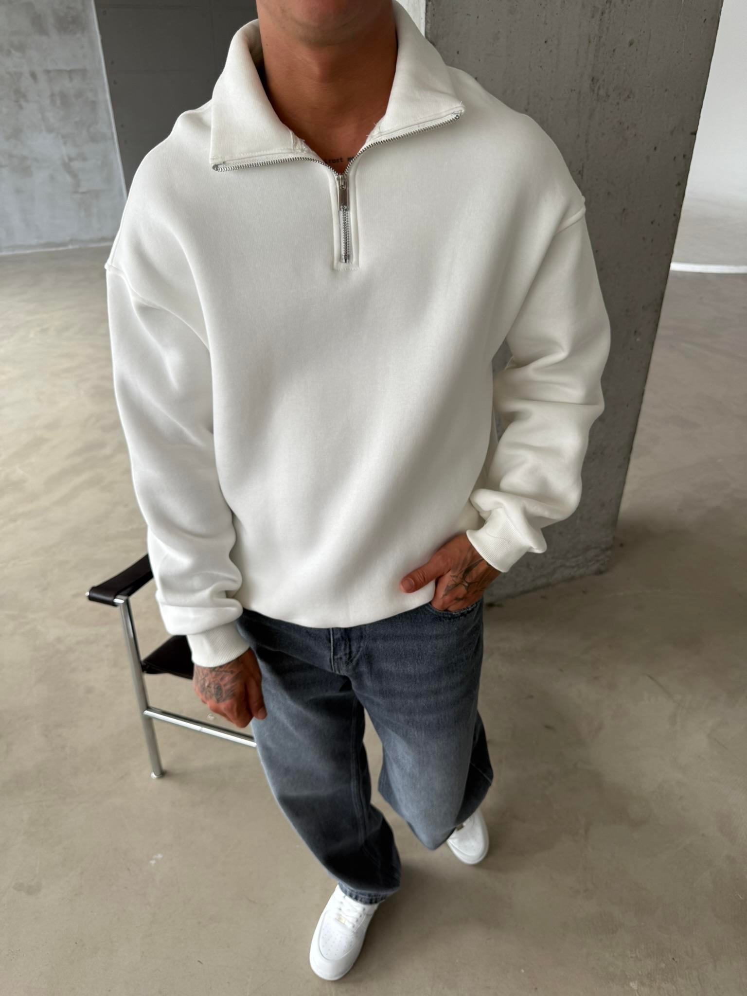 Düz Basic Yarım Fermuarlı Zip Sweat - Beyaz