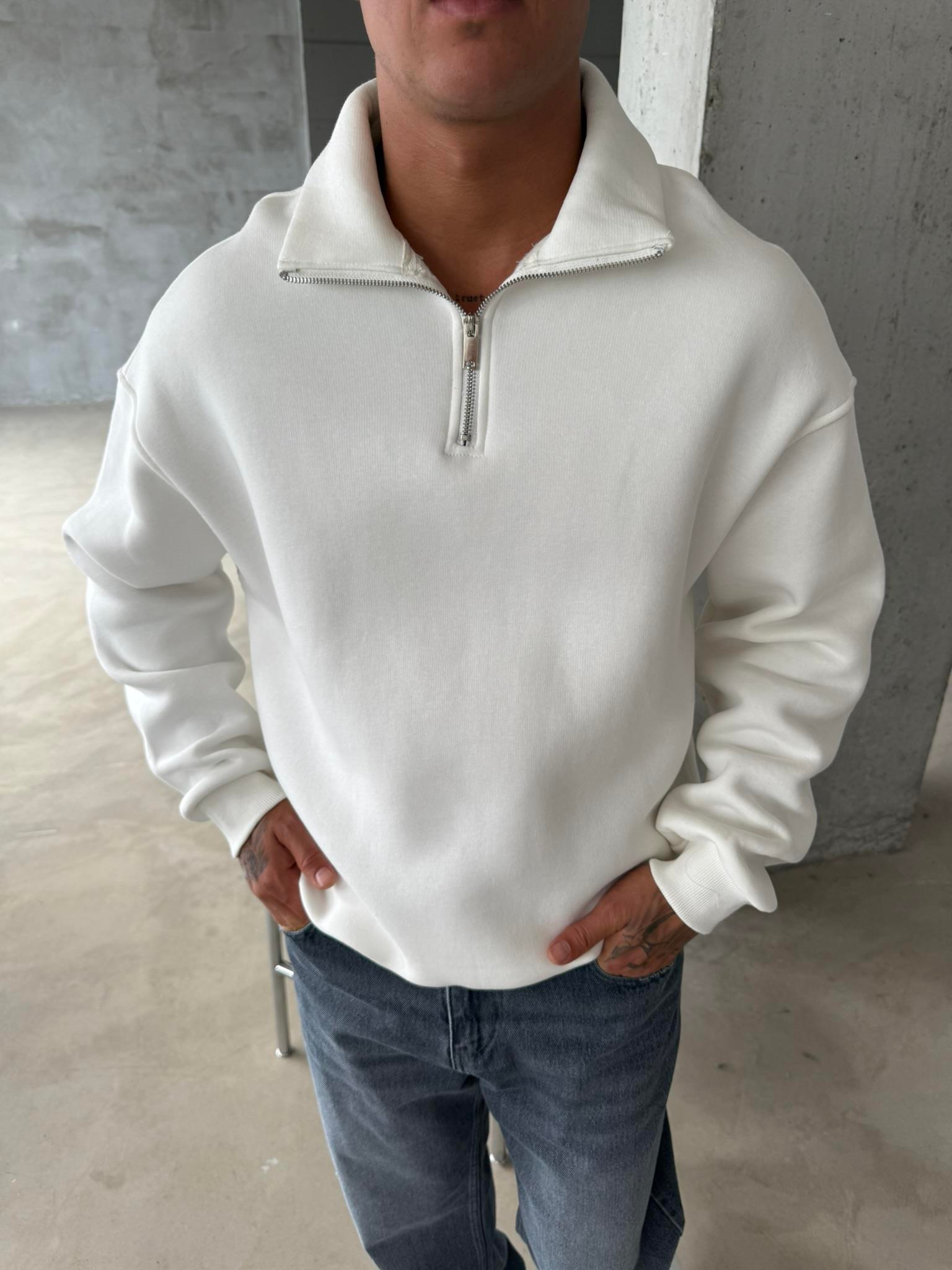 Düz Basic Yarım Fermuarlı Zip Sweat - Beyaz