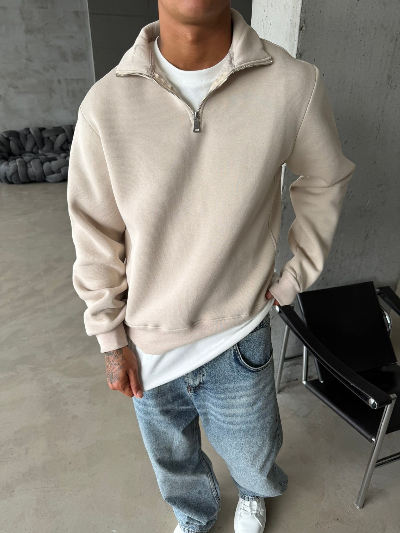 Düz Basic Yarım Fermuarlı Zip Sweat -  Bej