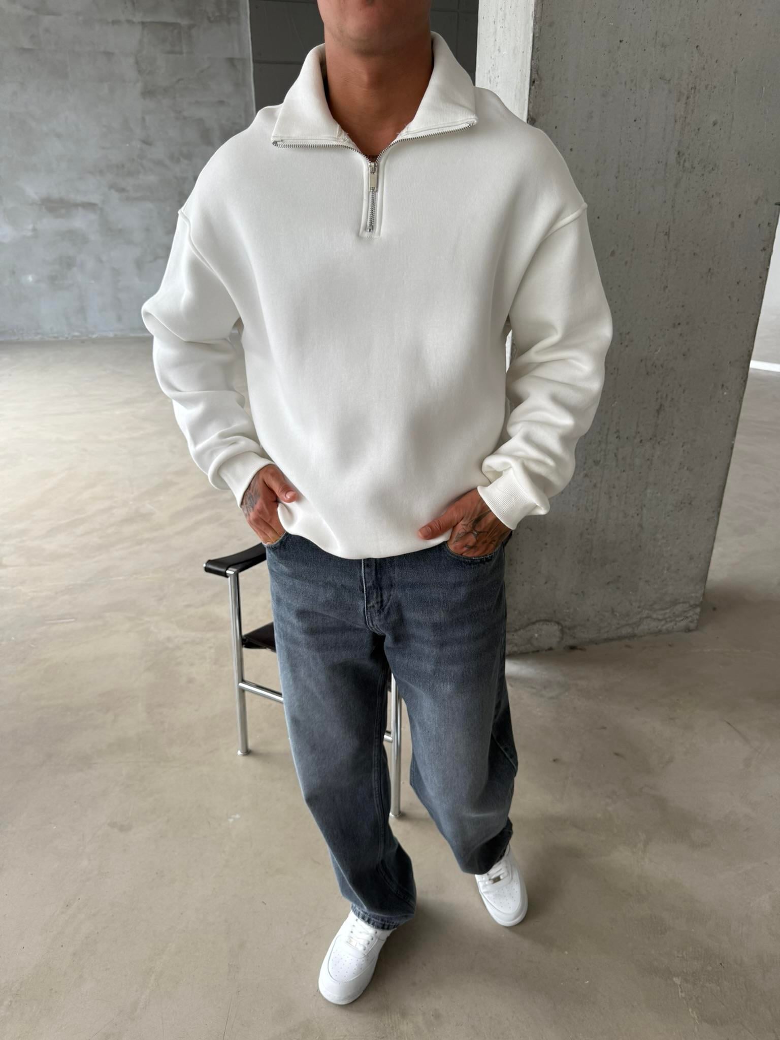 Düz Basic Yarım Fermuarlı Zip Sweat - Beyaz