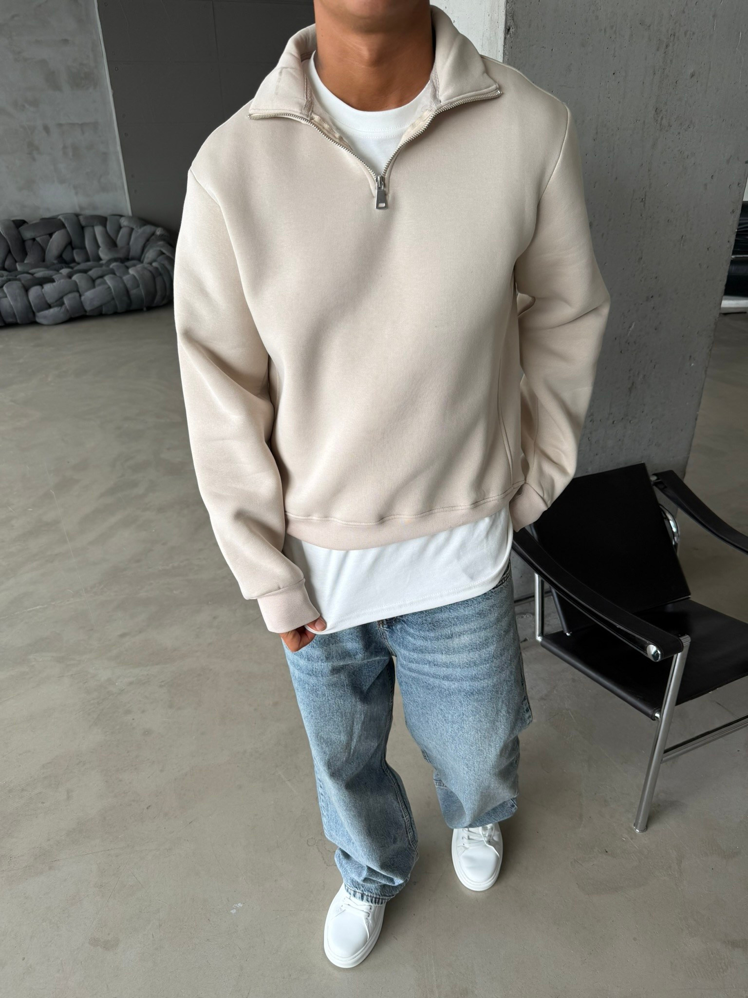Düz Basic Yarım Fermuarlı Zip Sweat -  Bej