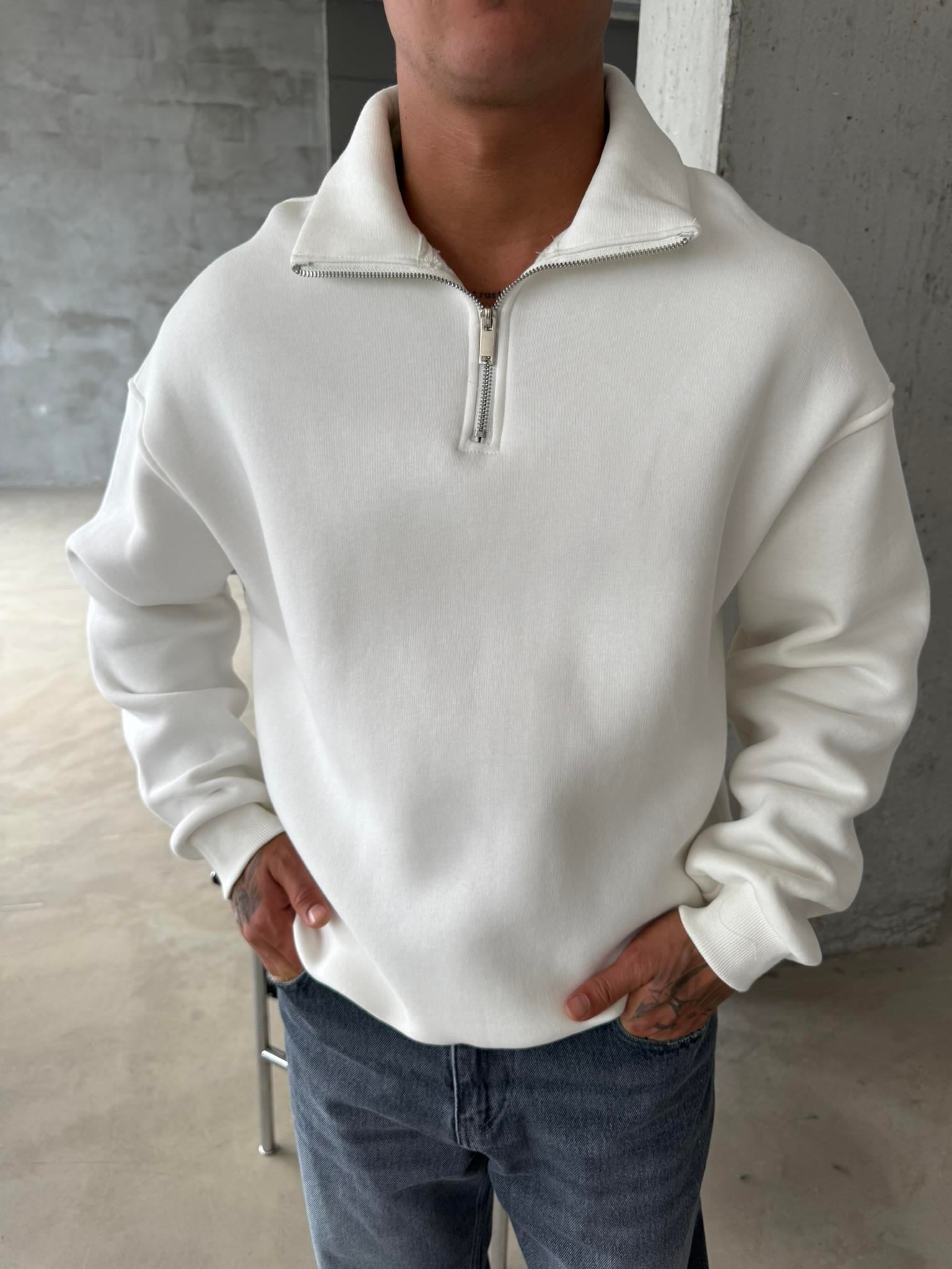 Düz Basic Yarım Fermuarlı Zip Sweat - Beyaz