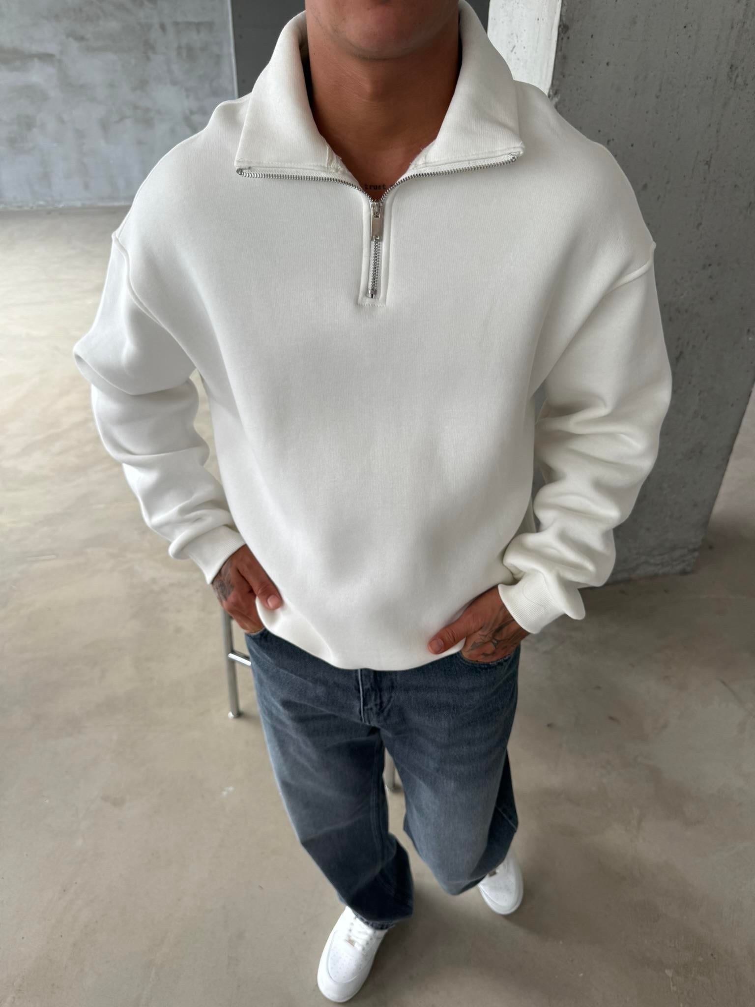 Düz Basic Yarım Fermuarlı Zip Sweat - Beyaz