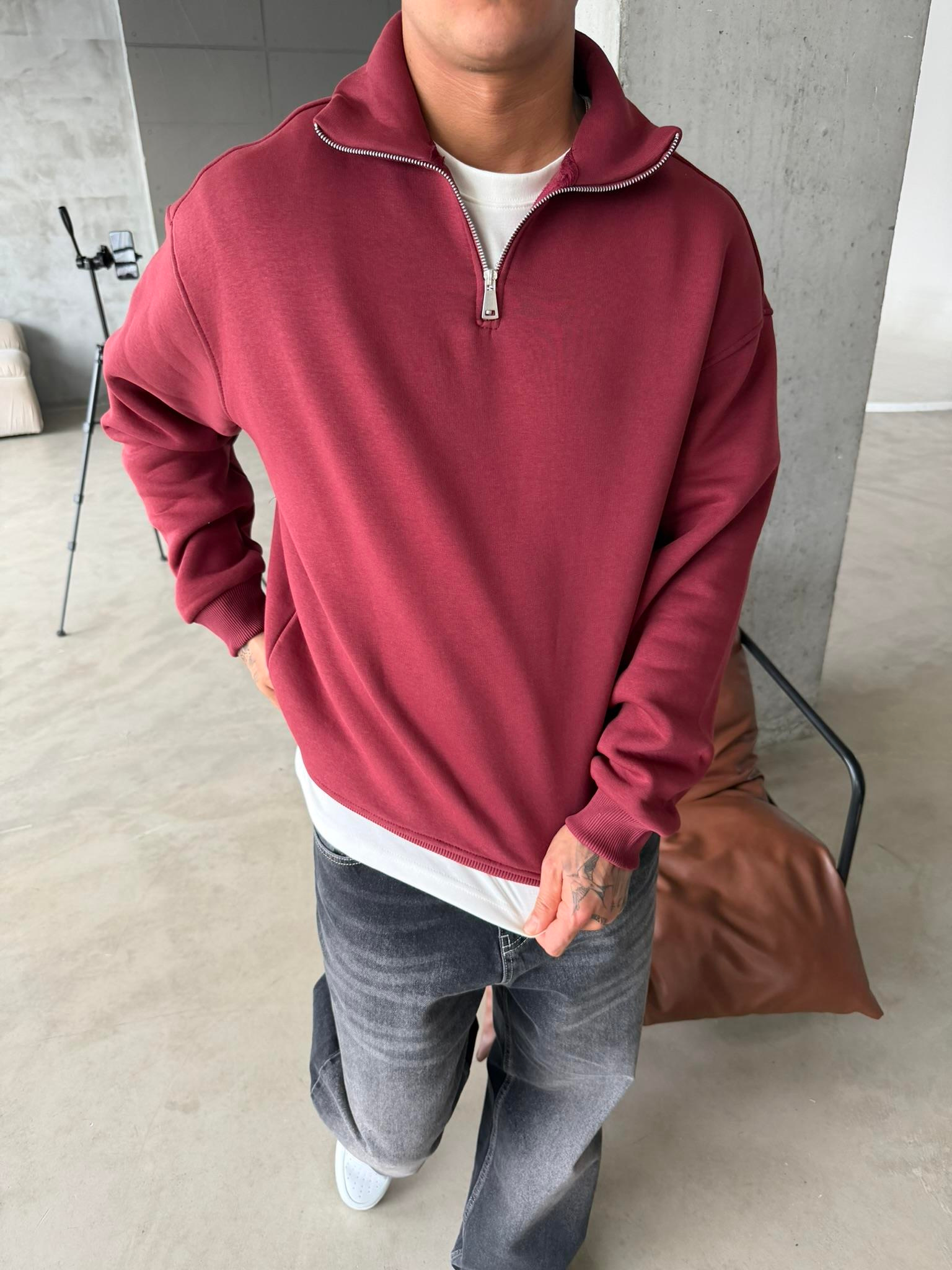 Düz Basic Yarım Fermuarlı Zip Sweat -  Bordo