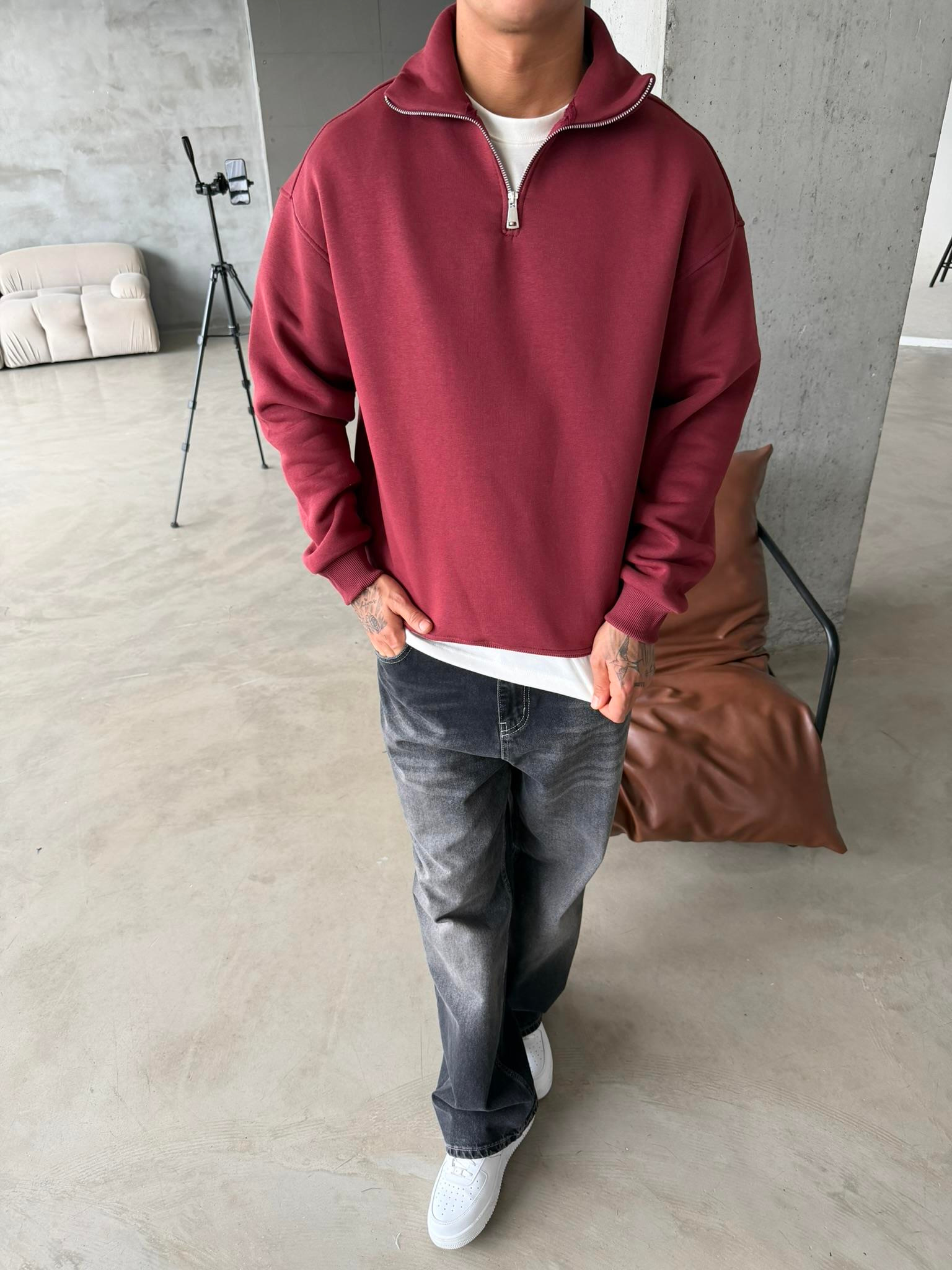 Düz Basic Yarım Fermuarlı Zip Sweat -  Bordo