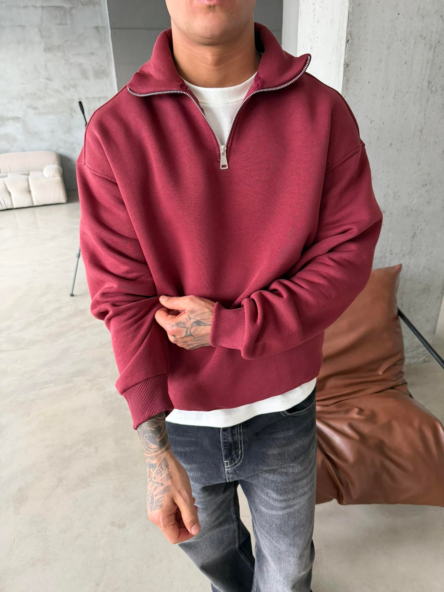 Düz Basic Yarım Fermuarlı Zip Sweat -  Bordo