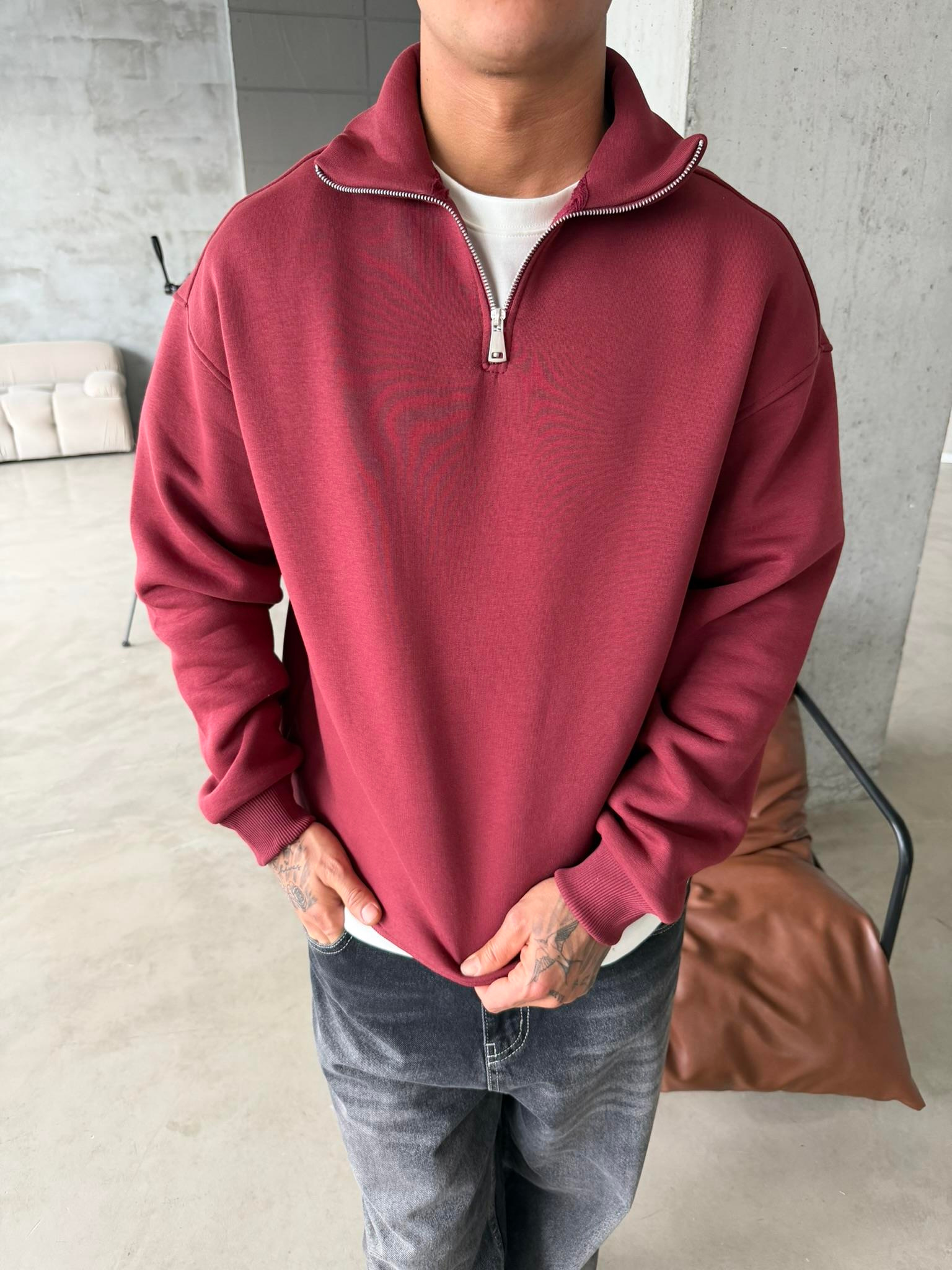 Düz Basic Yarım Fermuarlı Zip Sweat -  Bordo