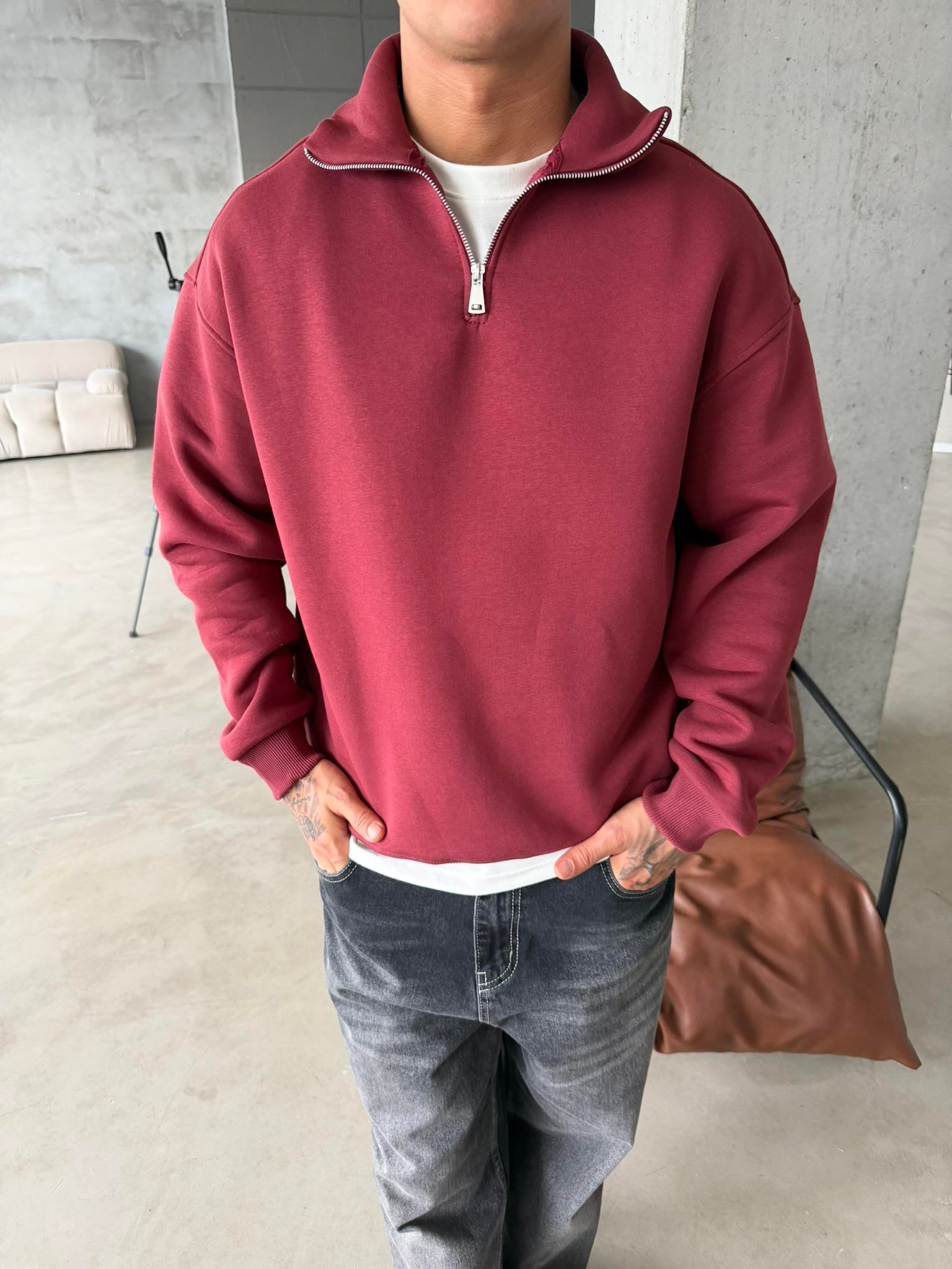 Düz Basic Yarım Fermuarlı Zip Sweat -  Bordo