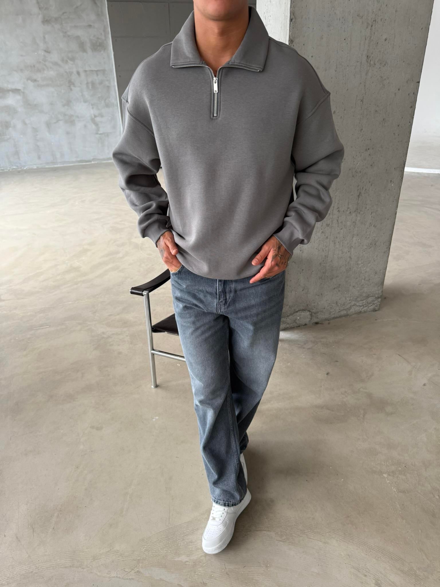 Düz Basic Yarım Fermuarlı Zip Sweat - Füme