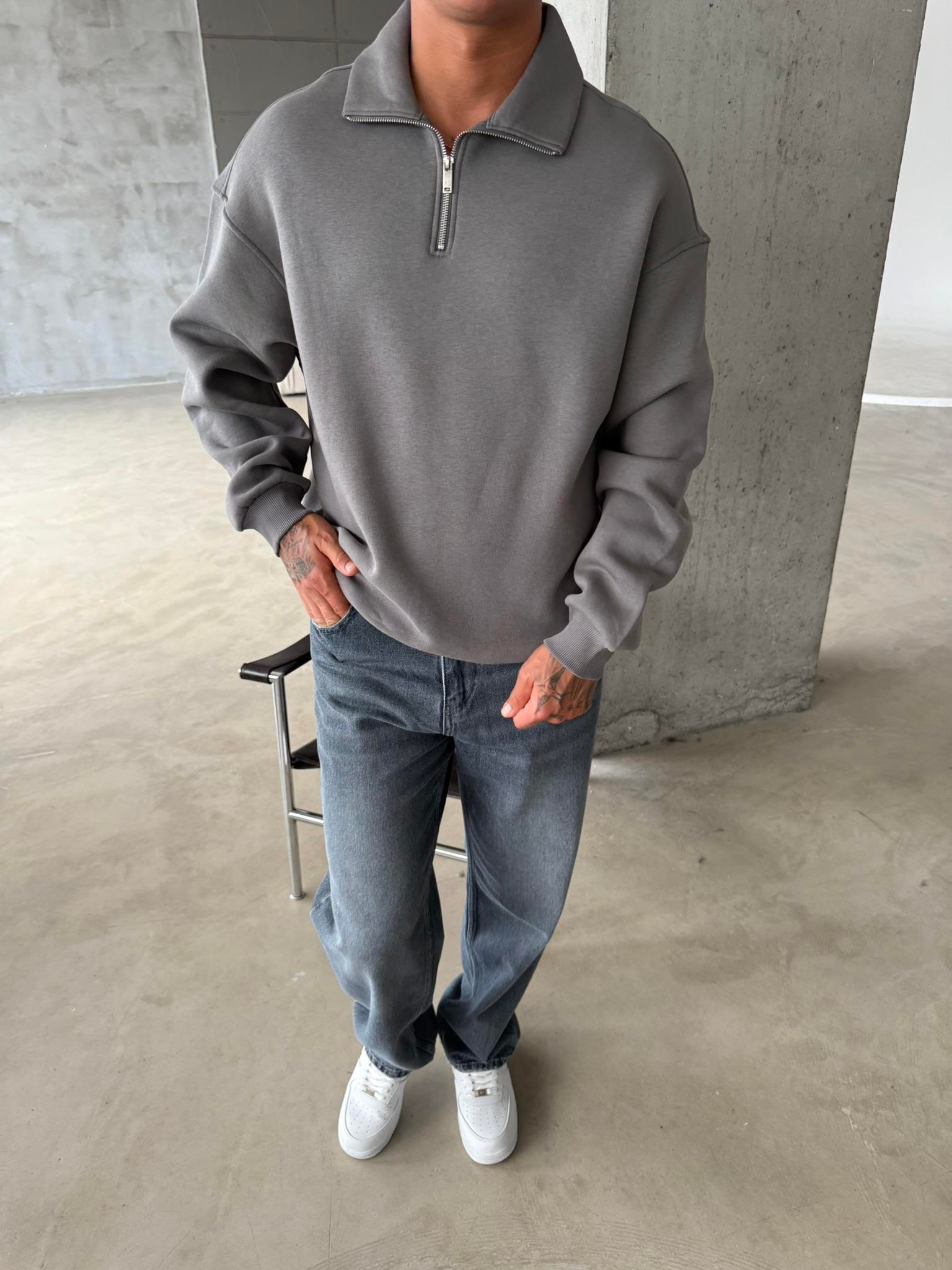 Düz Basic Yarım Fermuarlı Zip Sweat - Füme