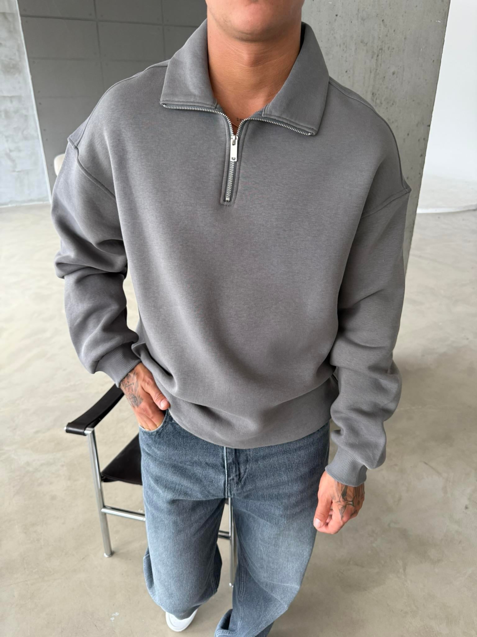 Düz Basic Yarım Fermuarlı Zip Sweat - Füme