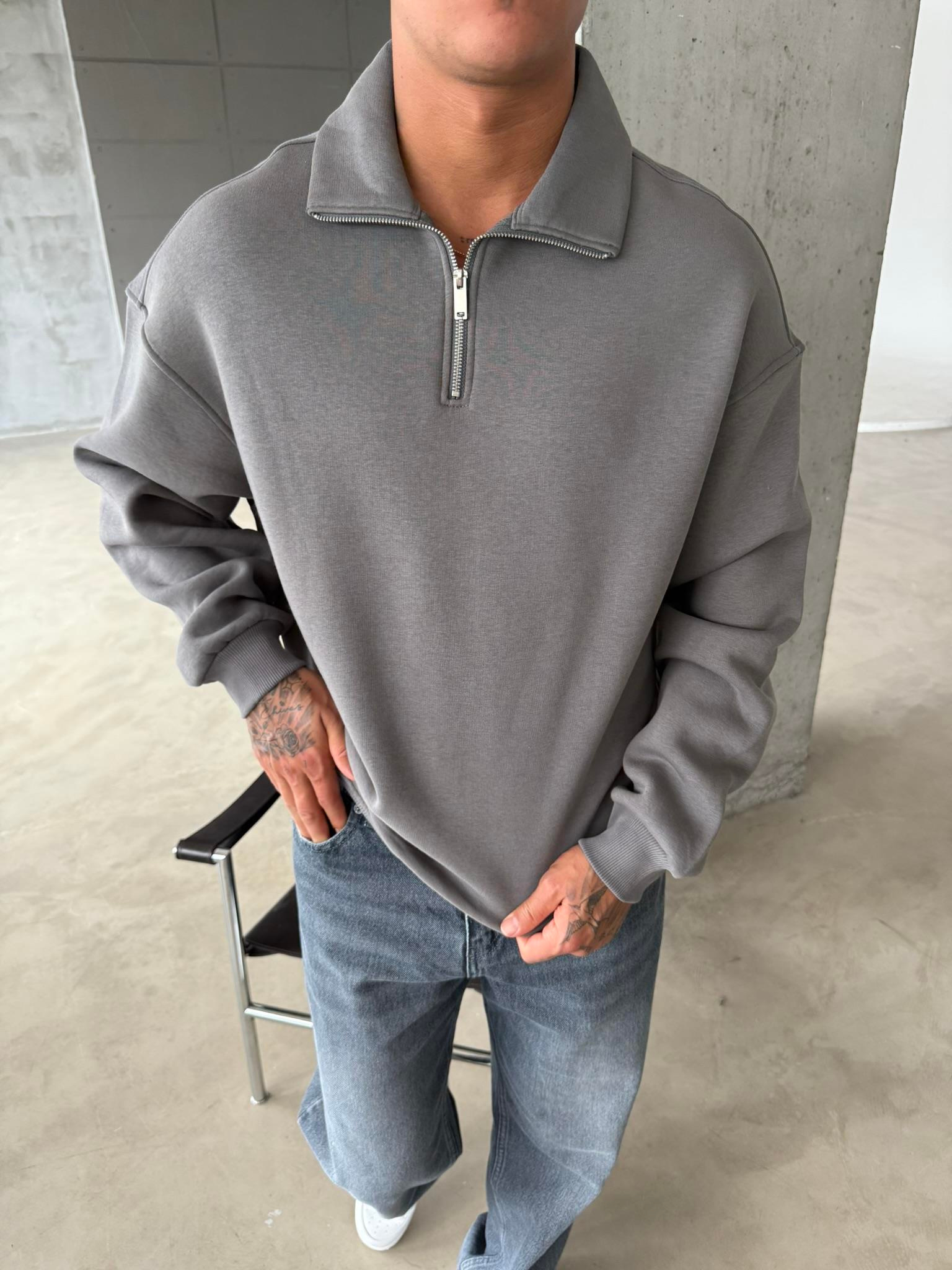 Düz Basic Yarım Fermuarlı Zip Sweat - Füme