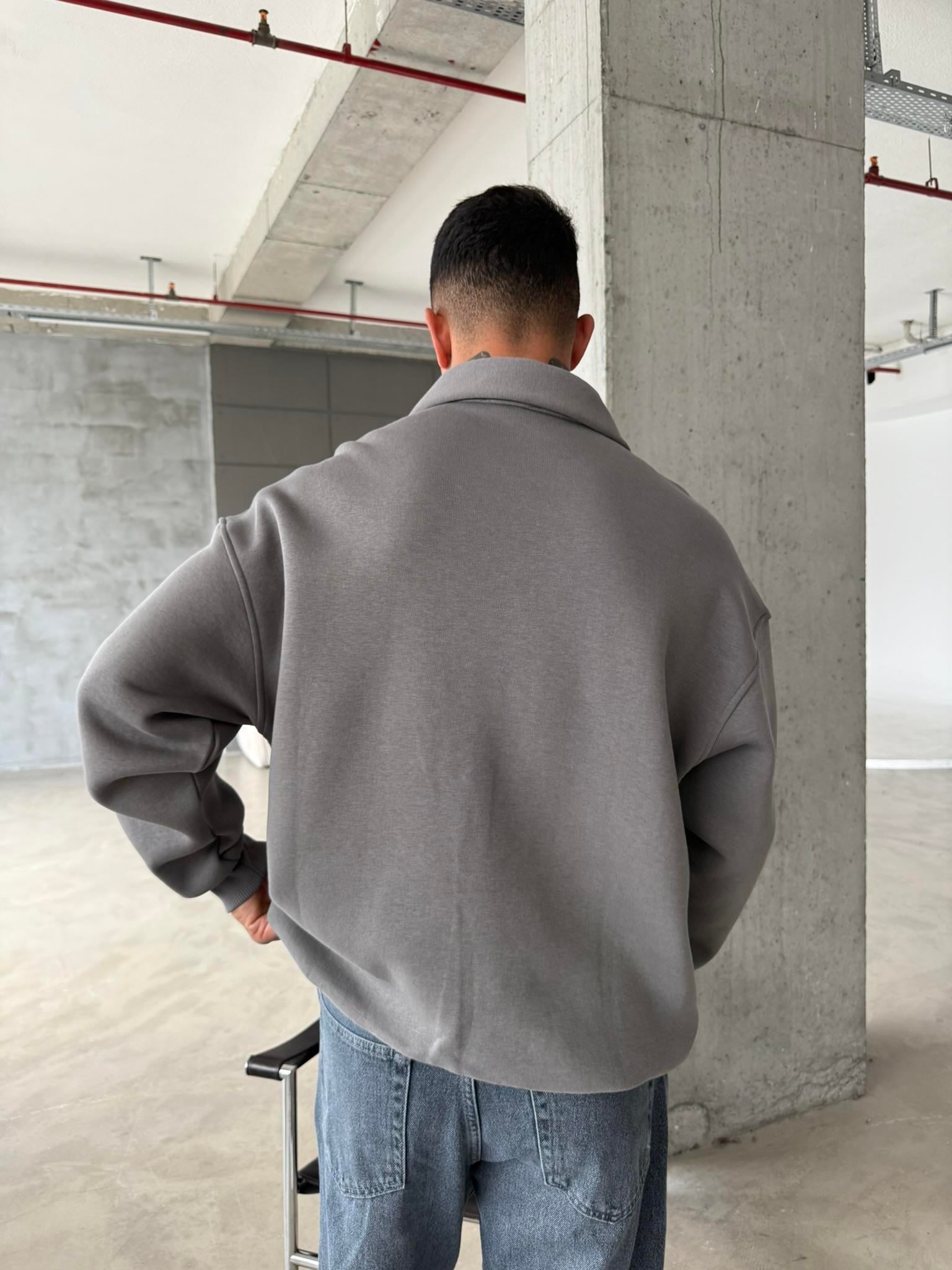 Düz Basic Yarım Fermuarlı Zip Sweat - Füme