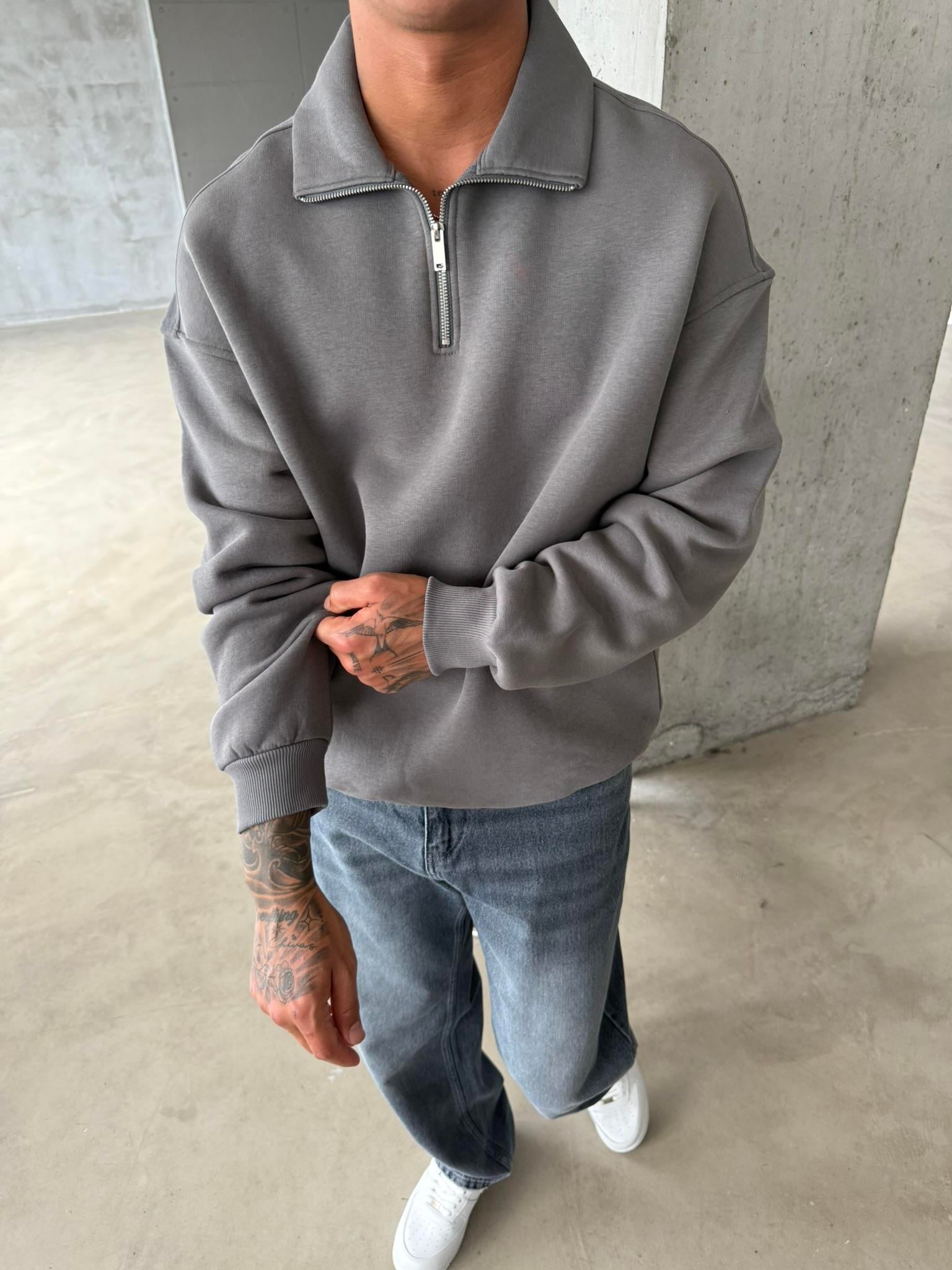 Düz Basic Yarım Fermuarlı Zip Sweat - Füme