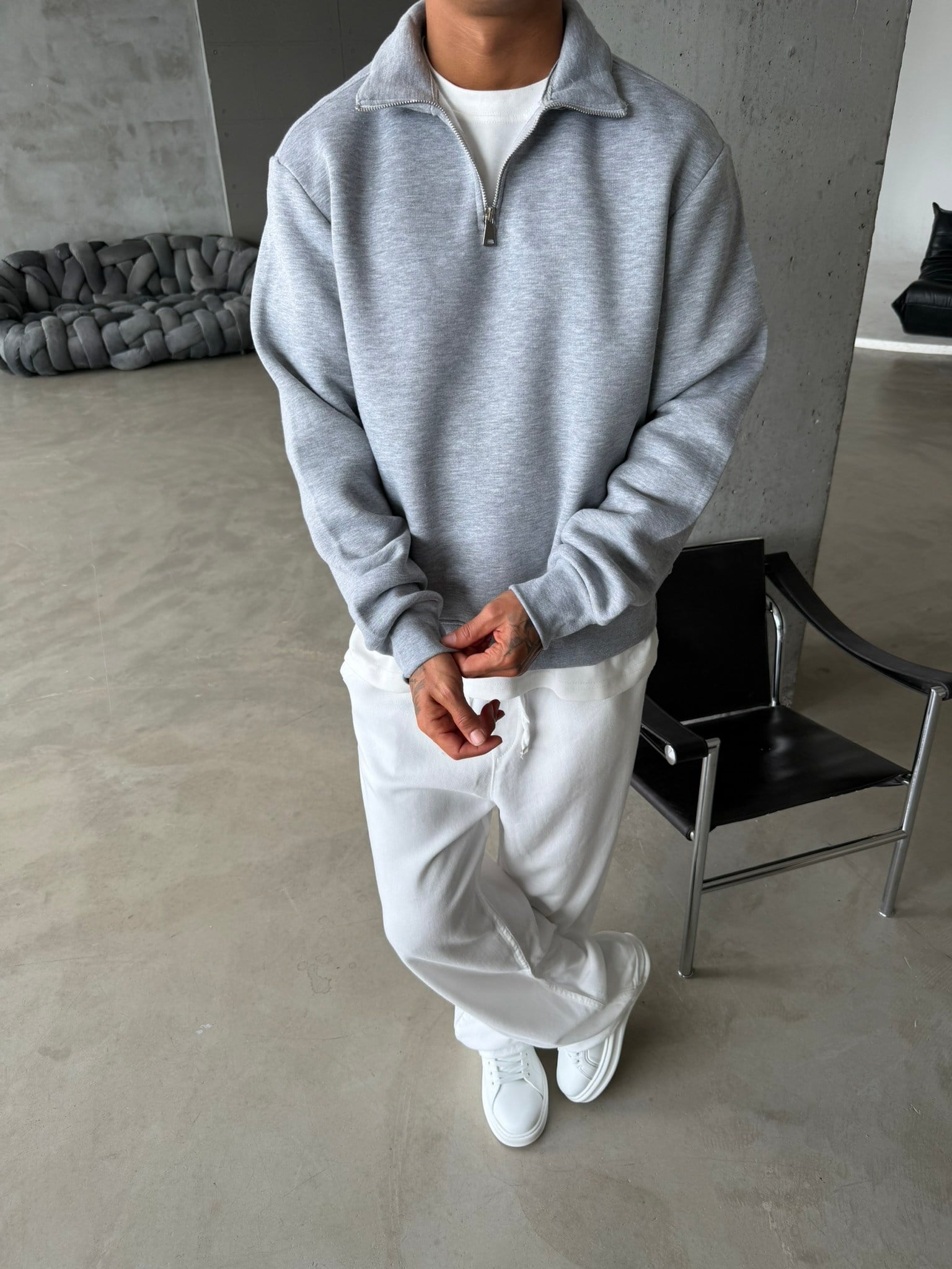 Düz Basic Yarım Fermuarlı Zip Sweat -  Gri