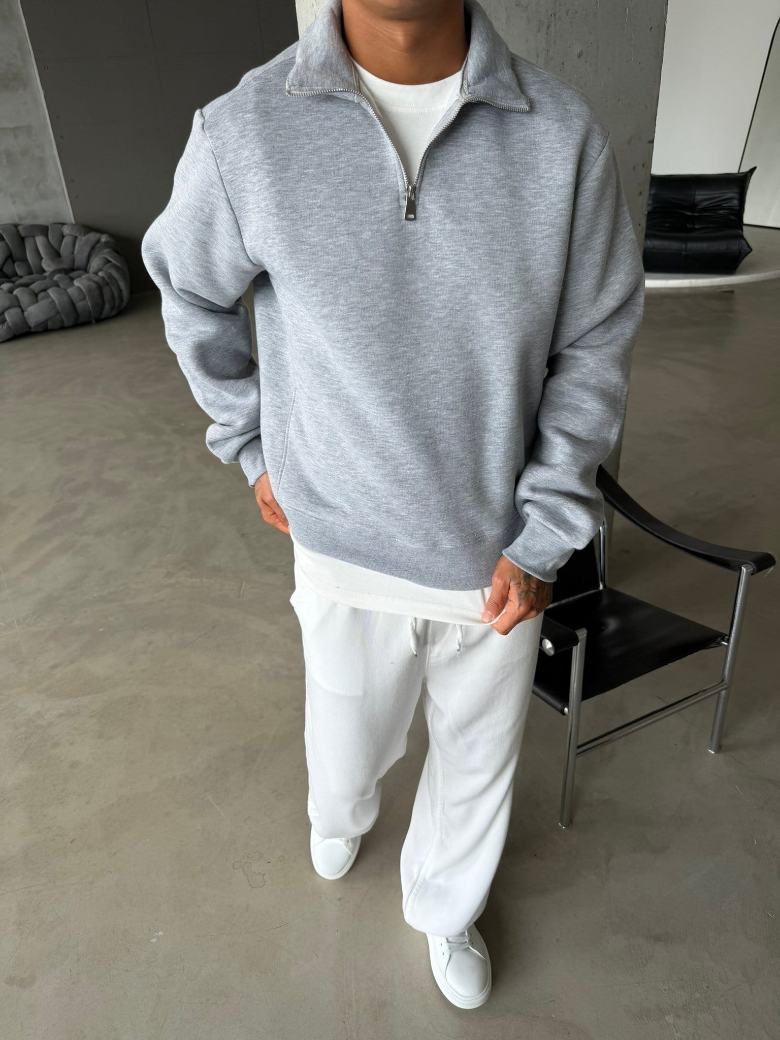 Düz Basic Yarım Fermuarlı Zip Sweat -  Gri
