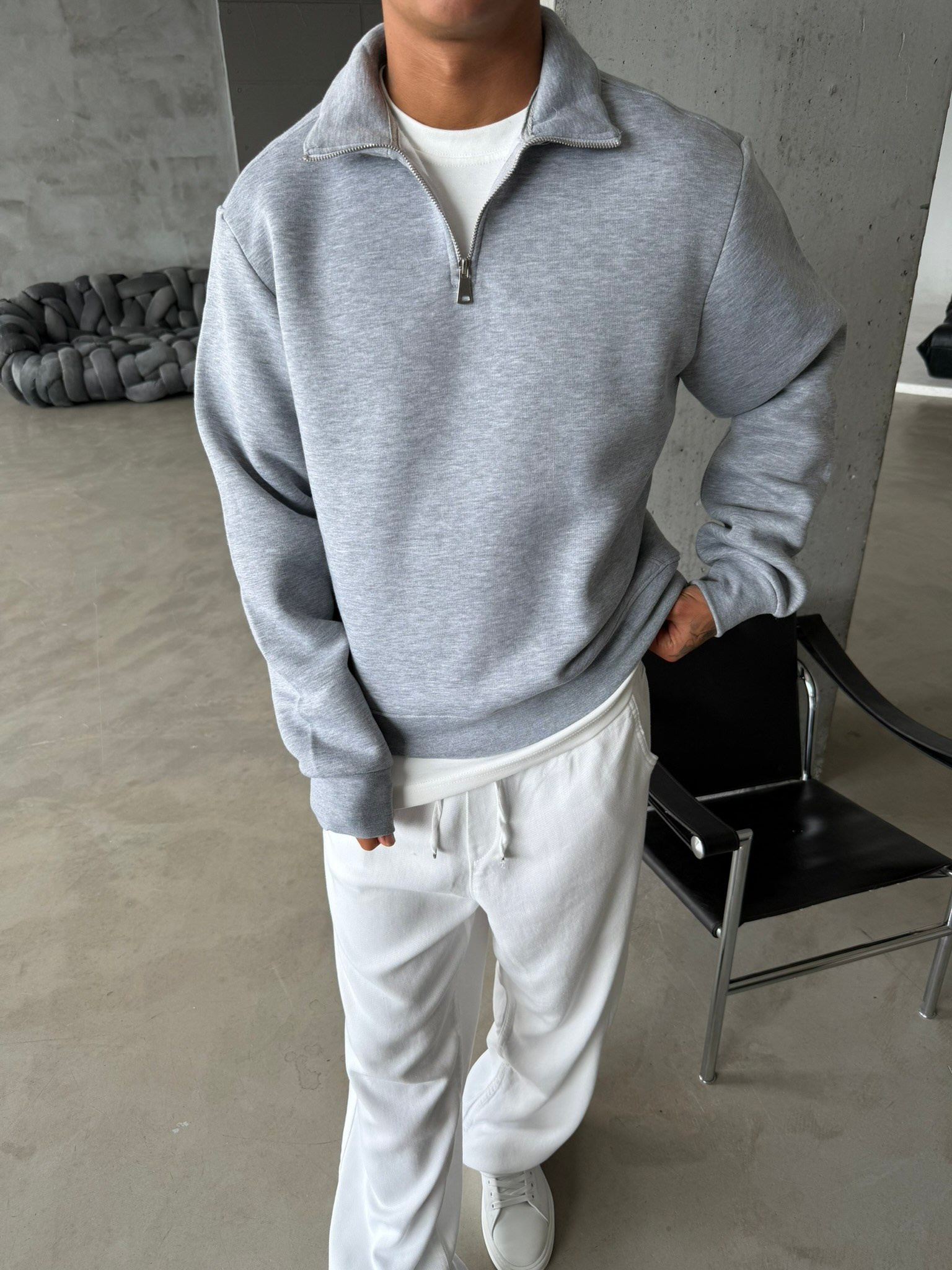 Düz Basic Yarım Fermuarlı Zip Sweat -  Gri