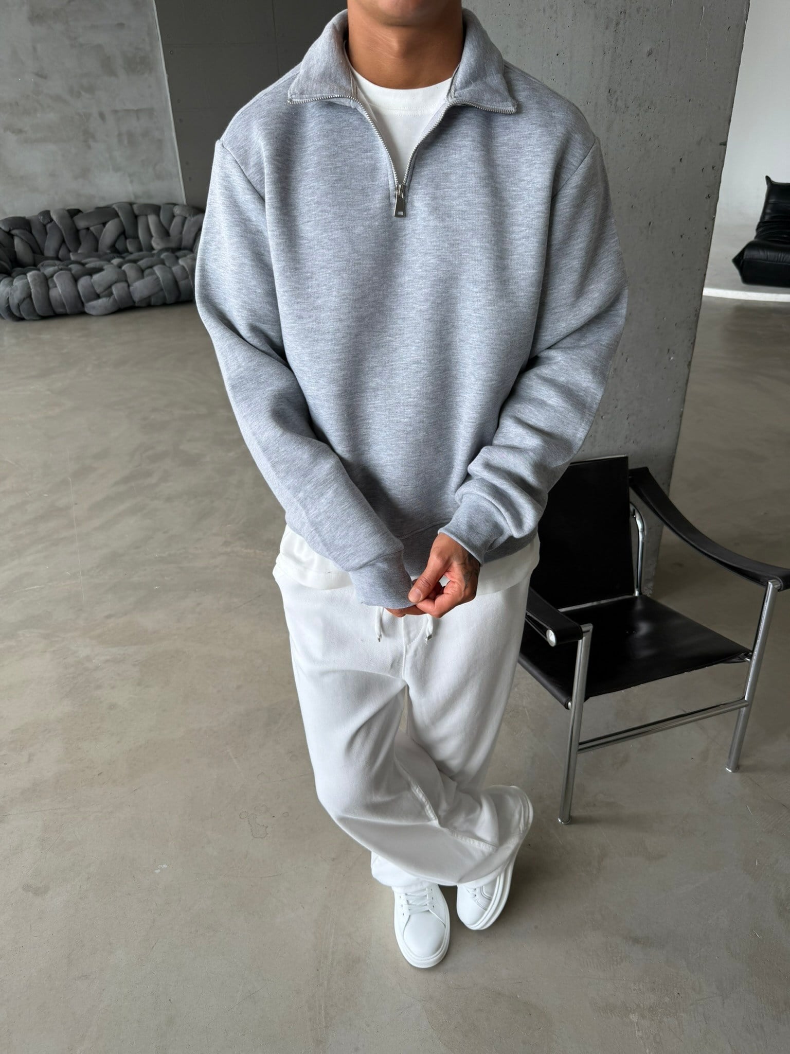 Düz Basic Yarım Fermuarlı Zip Sweat -  Gri