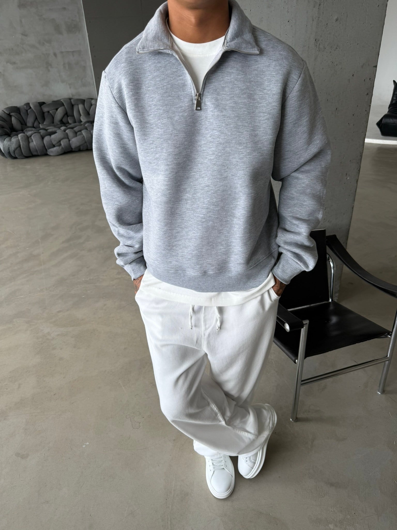 Düz Basic Yarım Fermuarlı Zip Sweat -  Gri