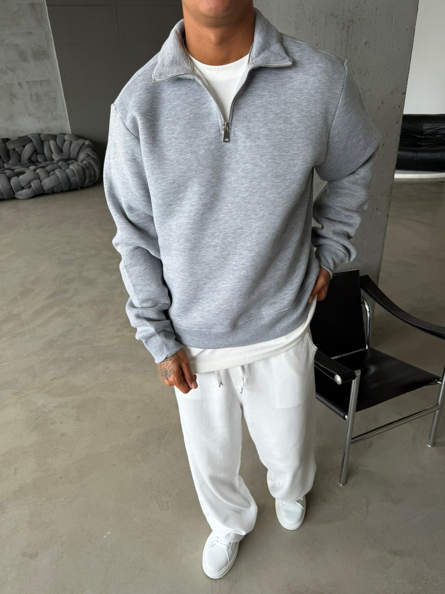 Düz Basic Yarım Fermuarlı Zip Sweat -  Gri