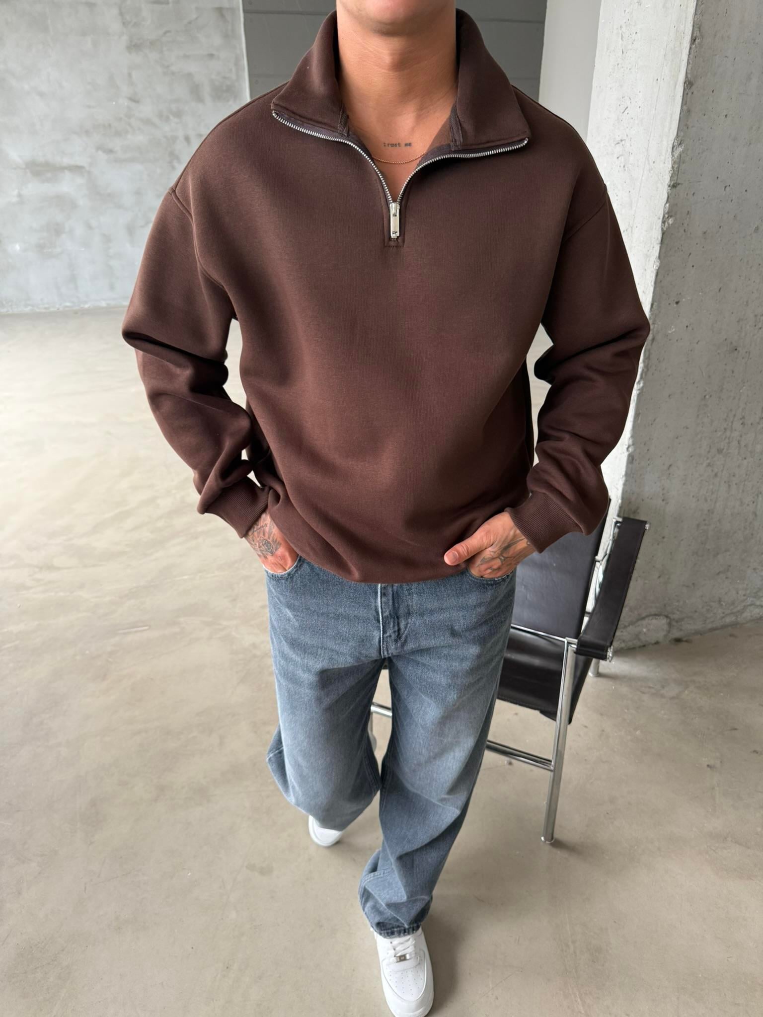 Düz Basic Yarım Fermuarlı Zip Sweat - Kahve