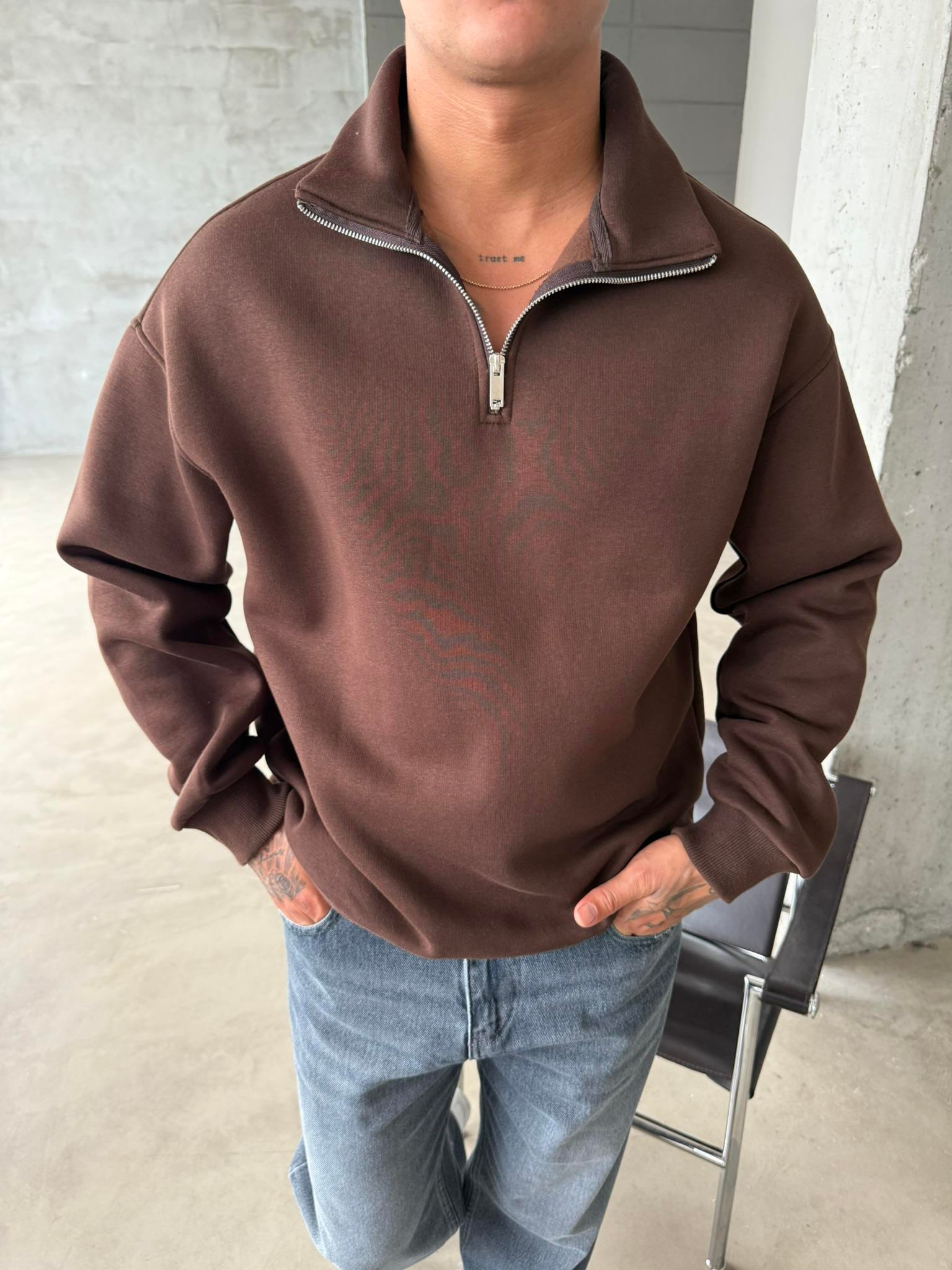 Düz Basic Yarım Fermuarlı Zip Sweat - Kahve