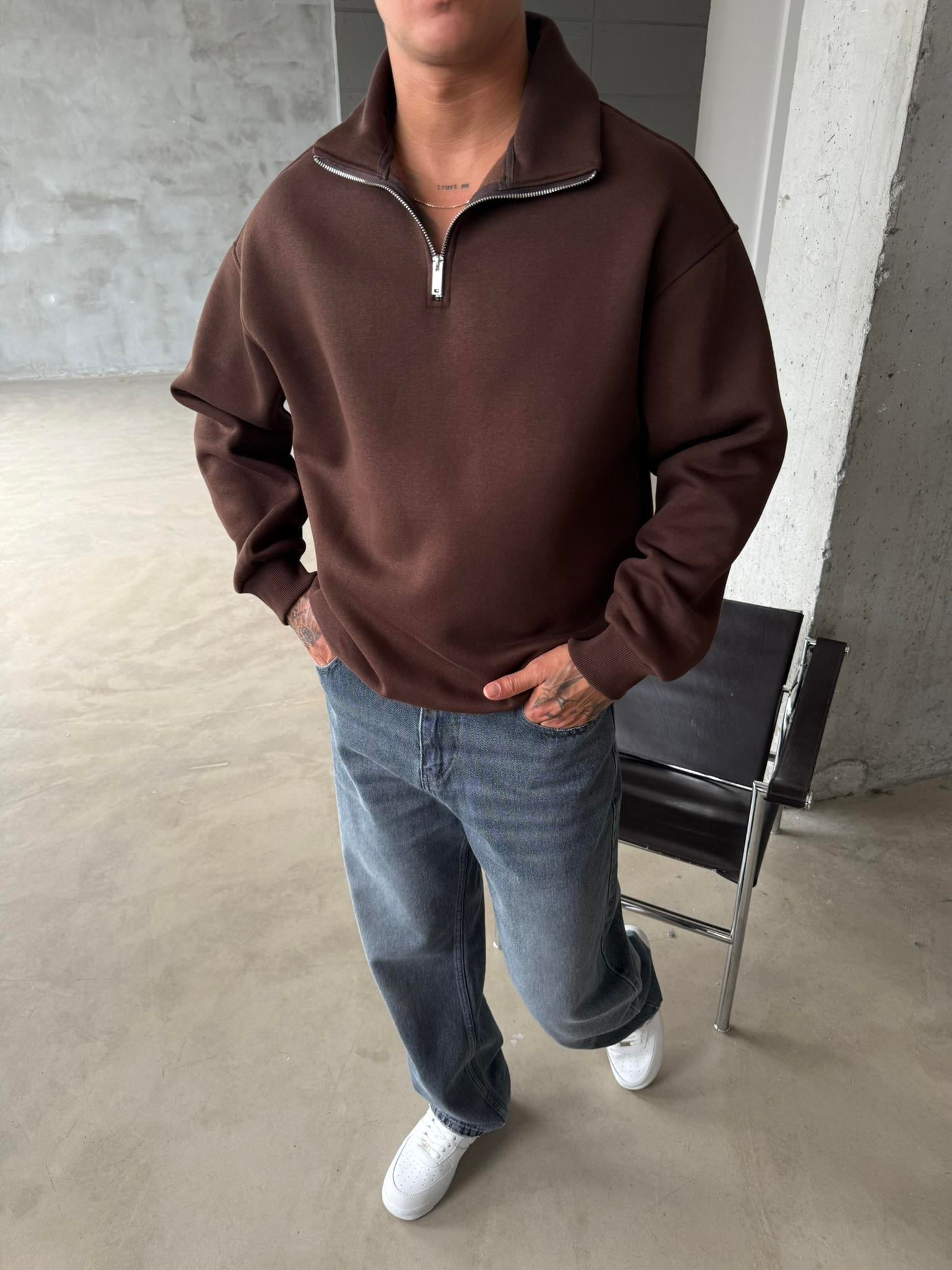 Düz Basic Yarım Fermuarlı Zip Sweat - Kahve