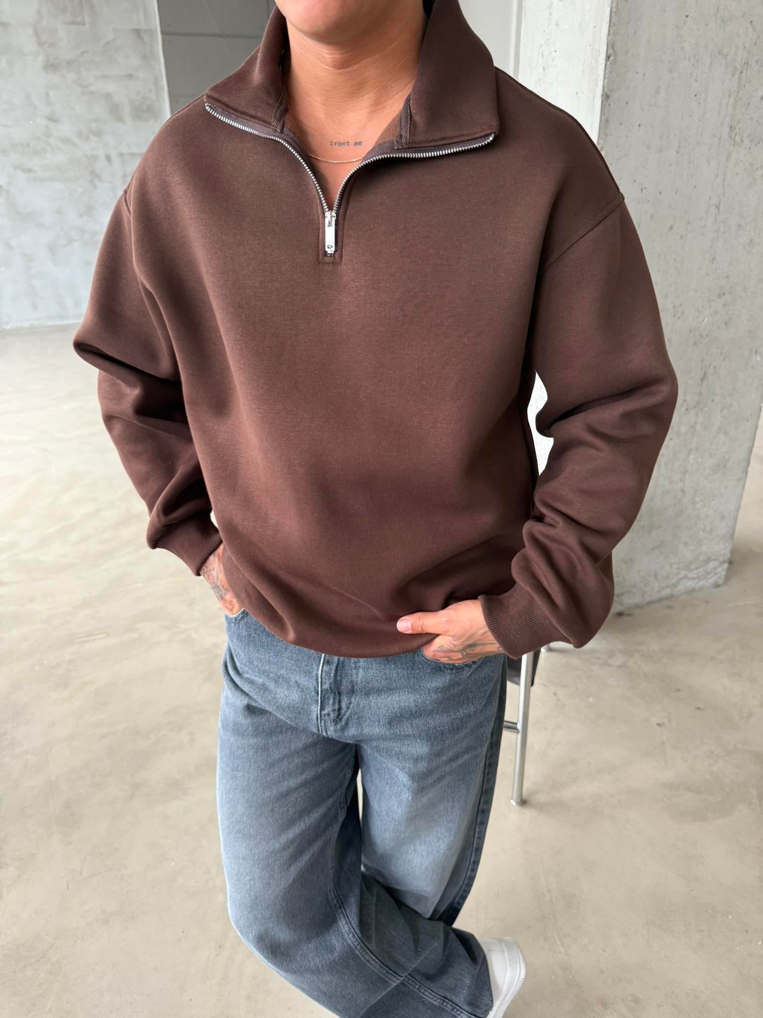 Düz Basic Yarım Fermuarlı Zip Sweat - Kahve