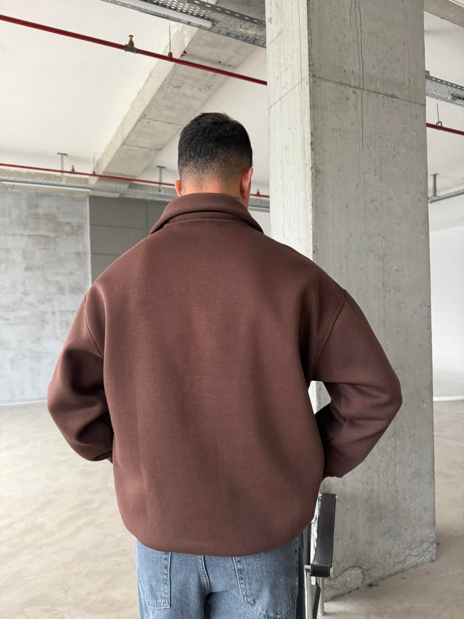Düz Basic Yarım Fermuarlı Zip Sweat - Kahve