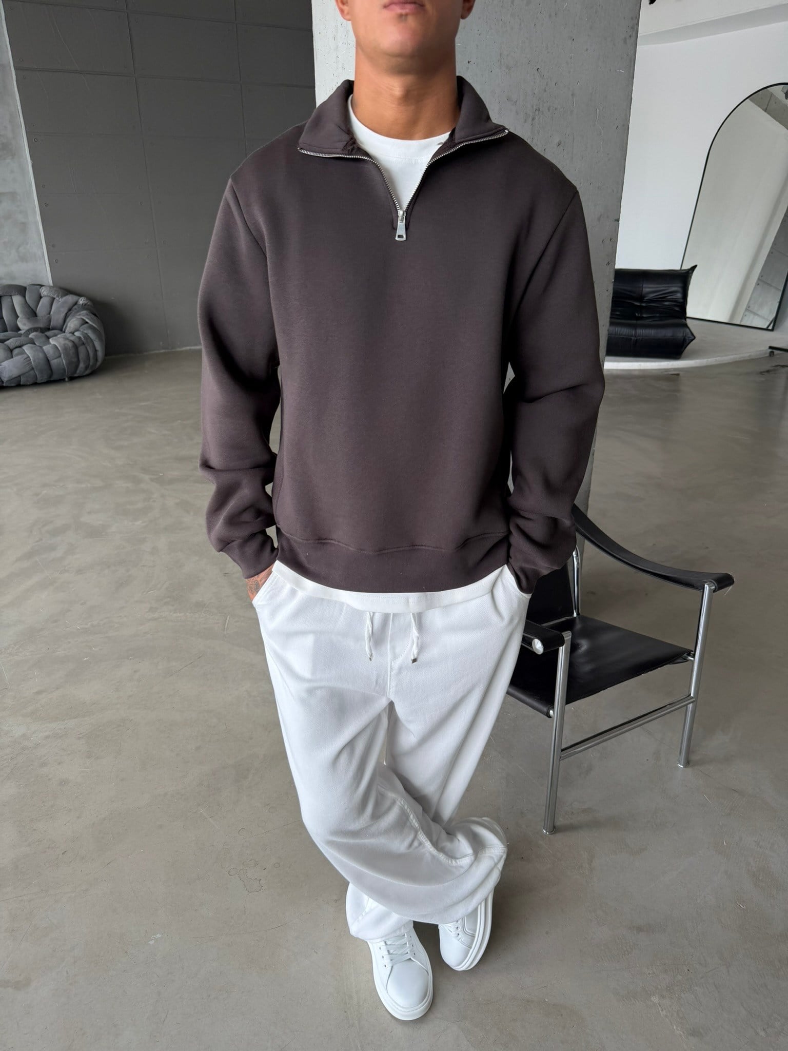 Düz Basic Yarım Fermuarlı Zip Sweat -  Koyu Kahve