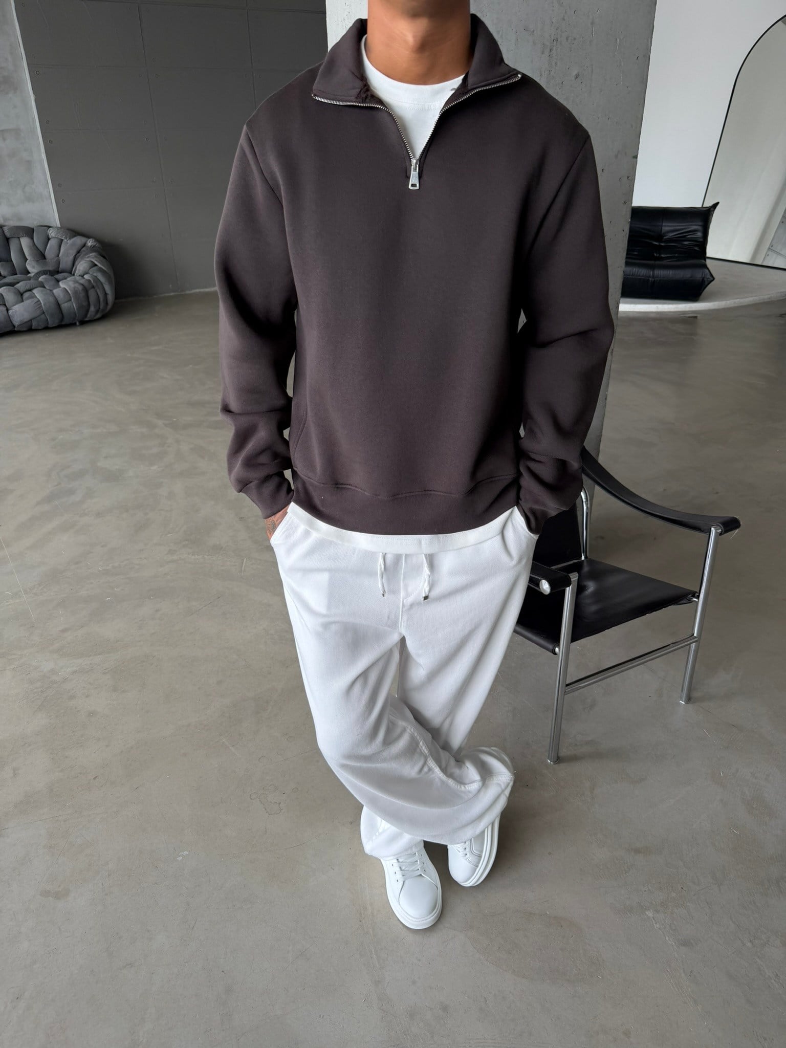 Düz Basic Yarım Fermuarlı Zip Sweat -  Koyu Kahve