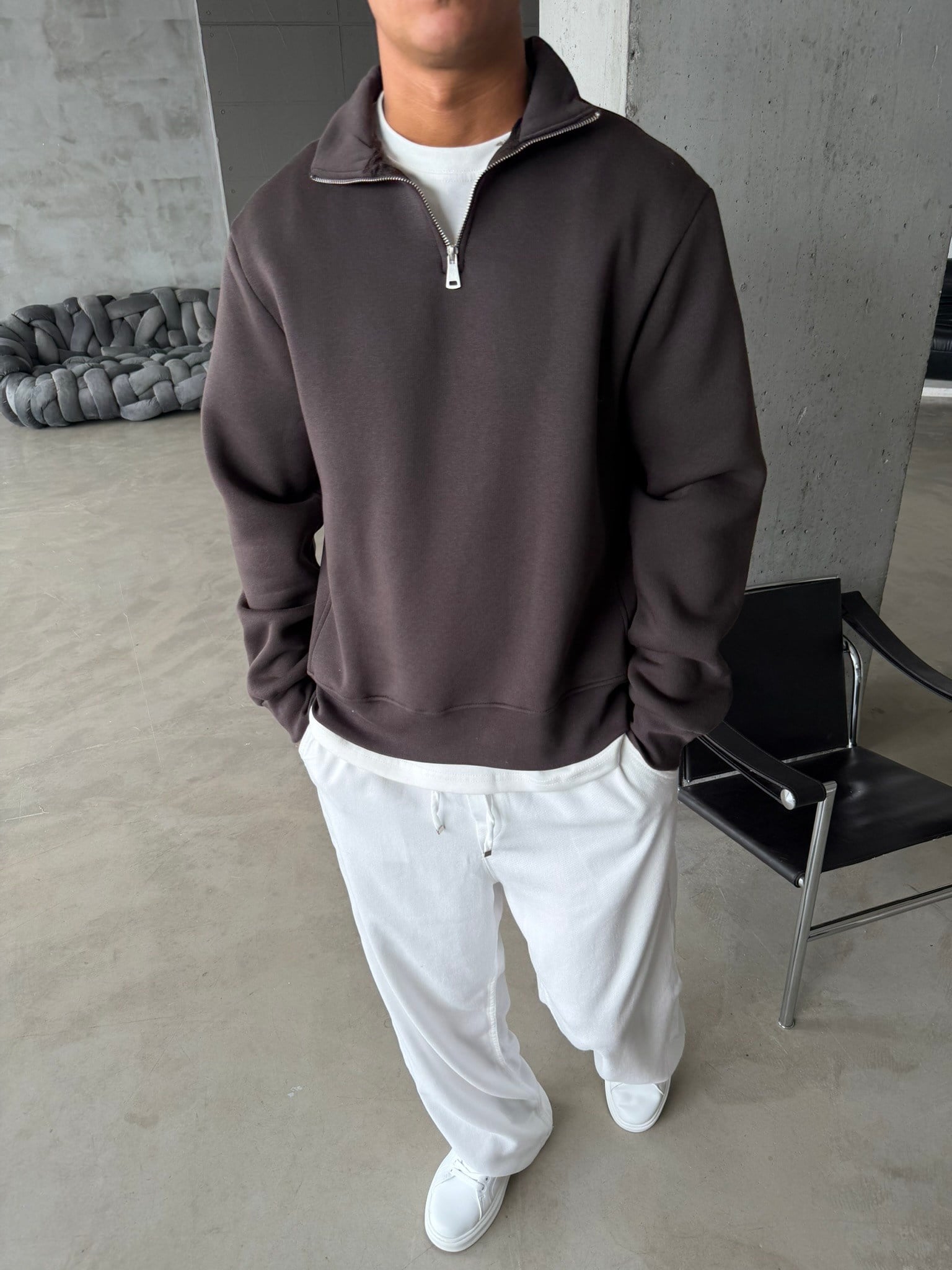 Düz Basic Yarım Fermuarlı Zip Sweat -  Koyu Kahve