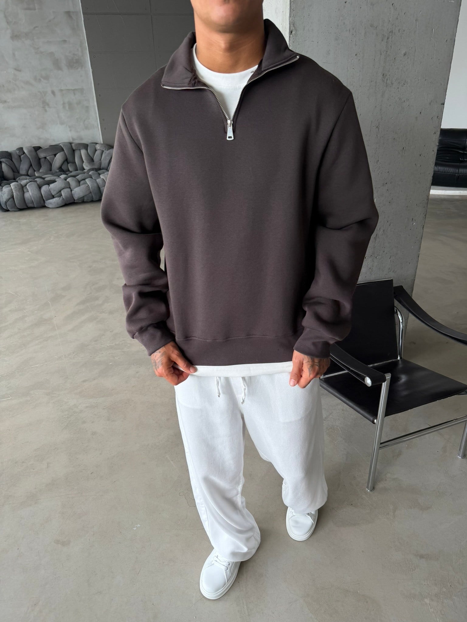Düz Basic Yarım Fermuarlı Zip Sweat -  Koyu Kahve