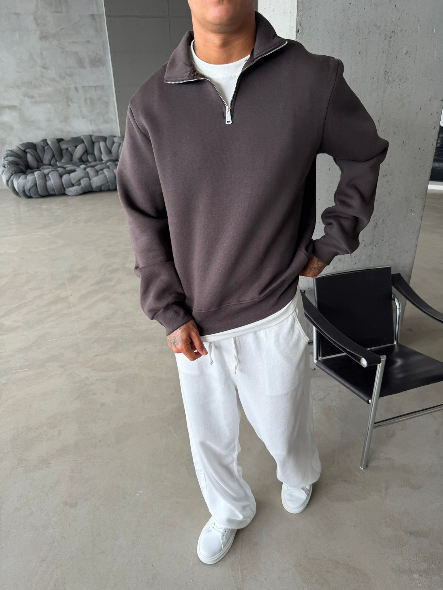 Düz Basic Yarım Fermuarlı Zip Sweat -  Koyu Kahve