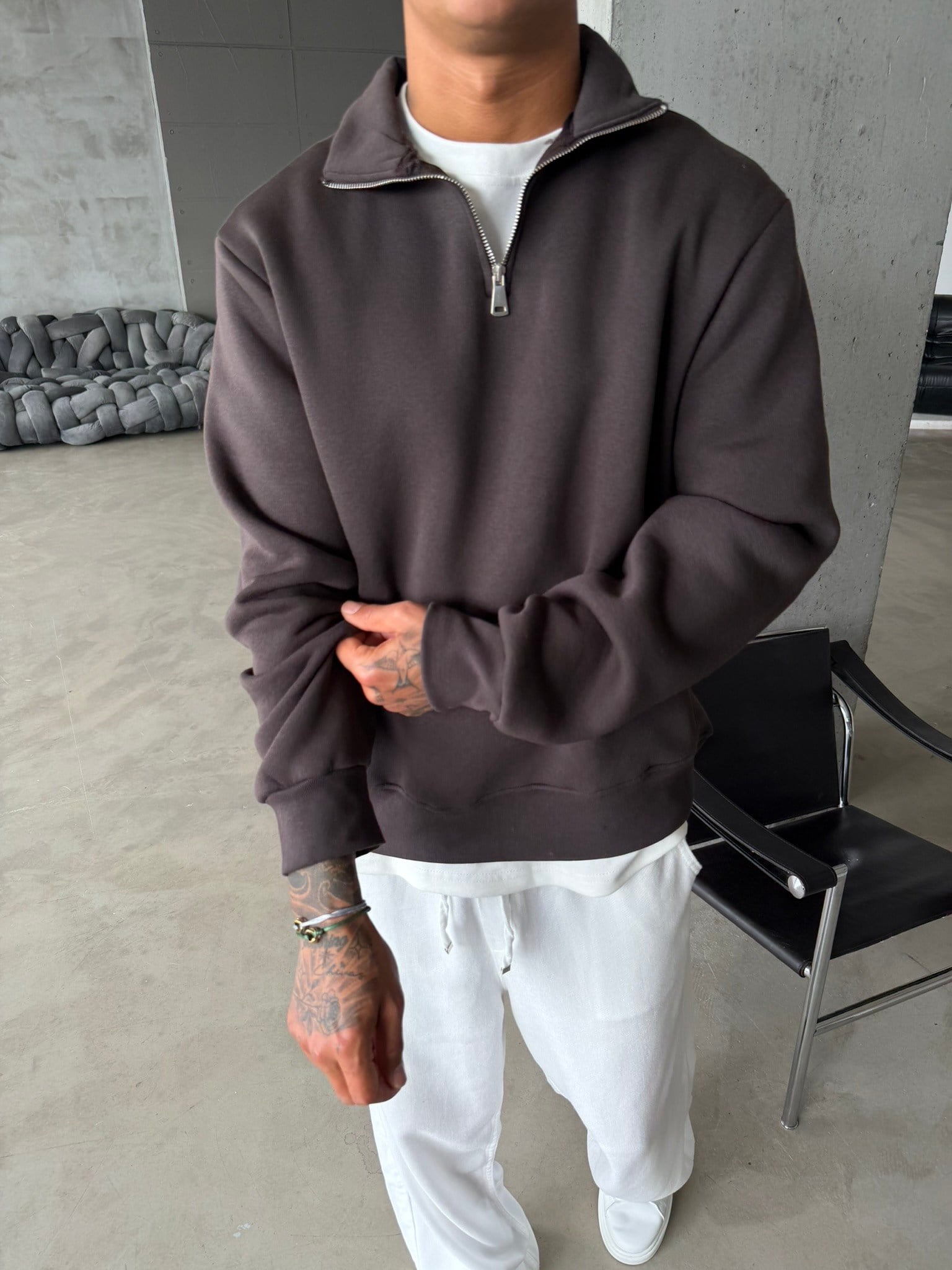 Düz Basic Yarım Fermuarlı Zip Sweat -  Koyu Kahve
