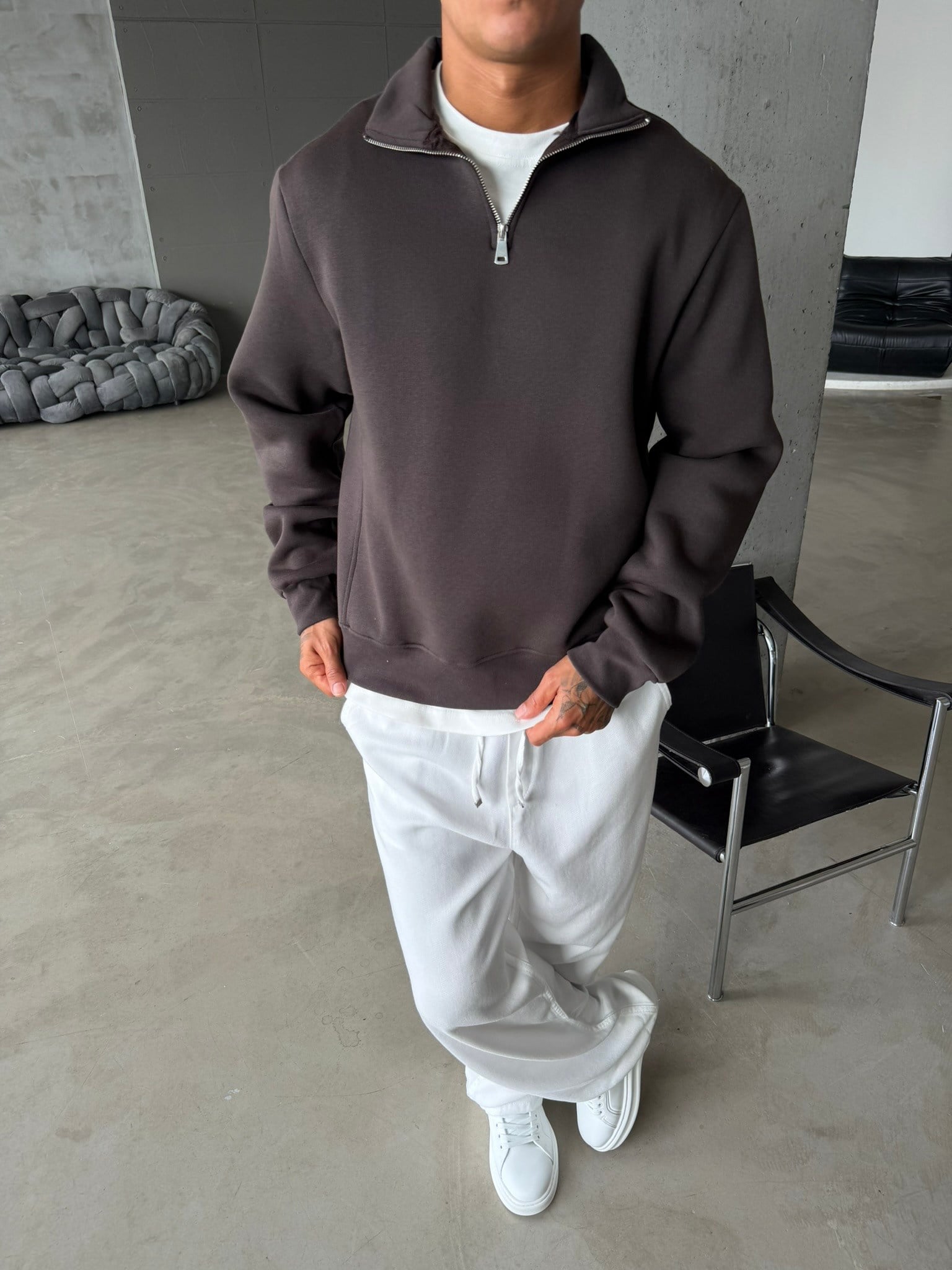 Düz Basic Yarım Fermuarlı Zip Sweat -  Koyu Kahve
