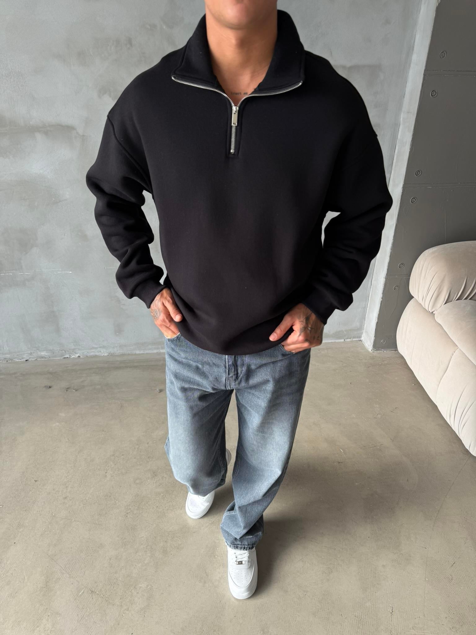 Düz Basic Yarım Fermuarlı Zip Sweat - Siyah