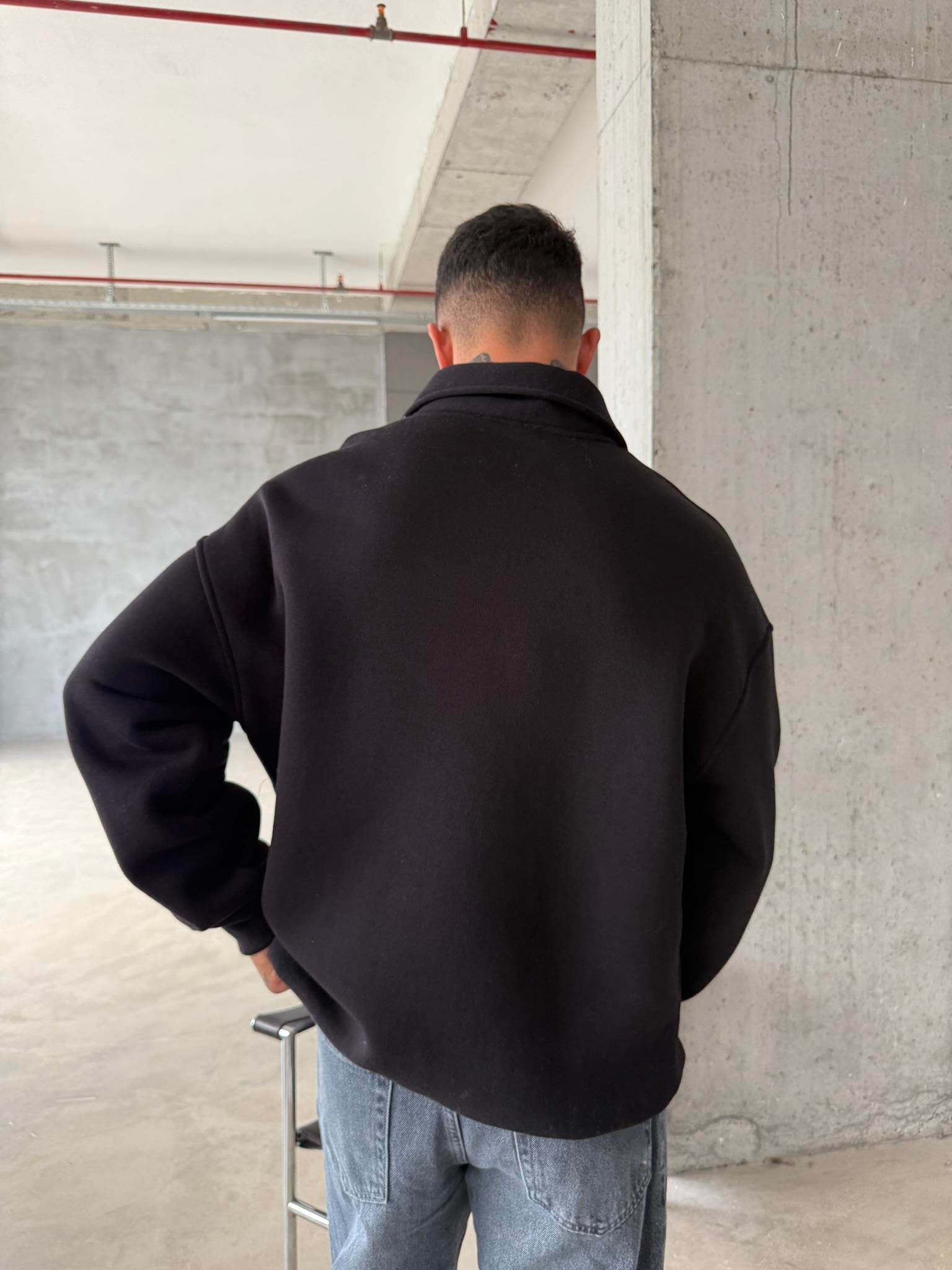 Düz Basic Yarım Fermuarlı Zip Sweat - Siyah