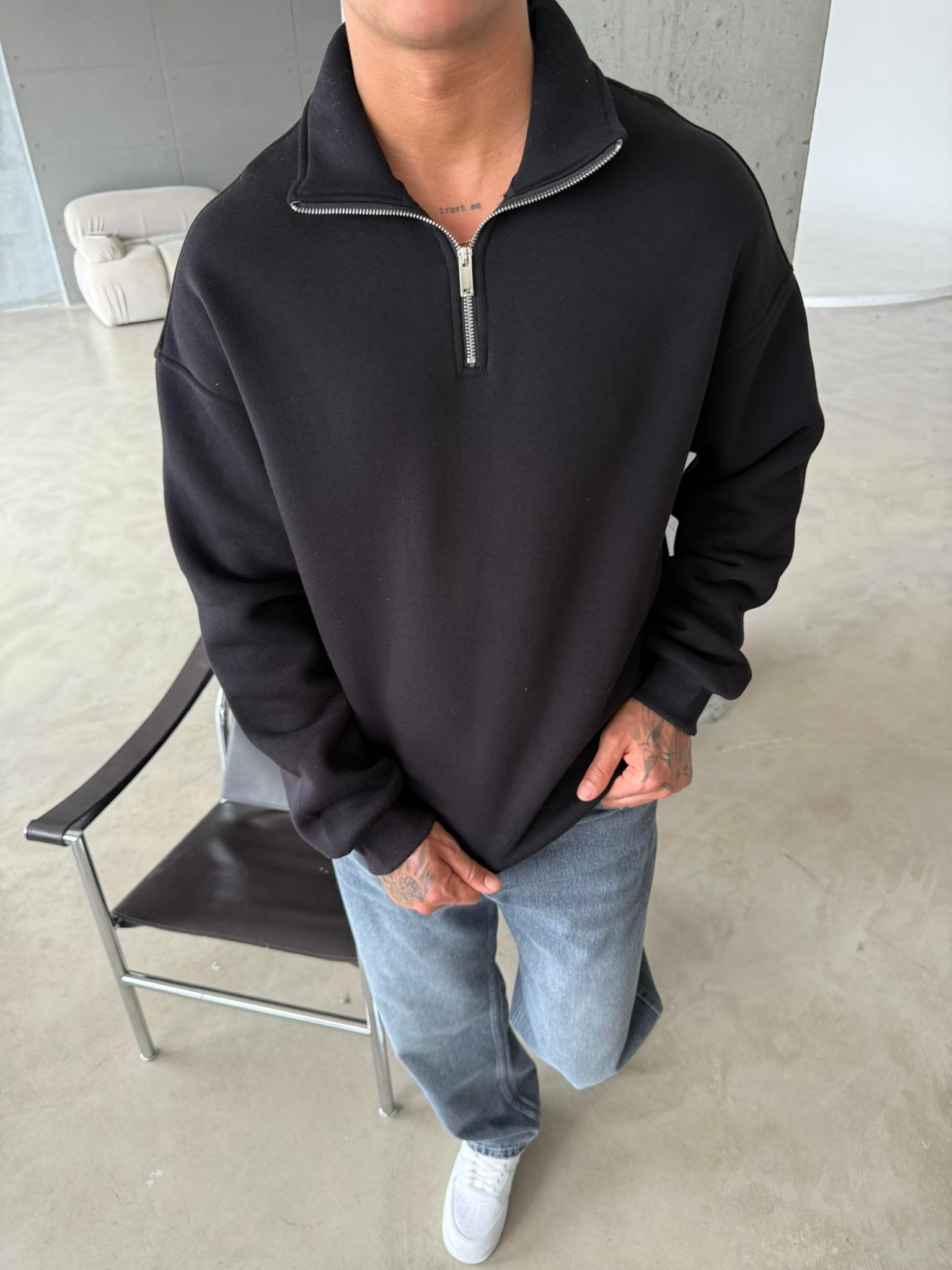 Düz Basic Yarım Fermuarlı Zip Sweat - Siyah