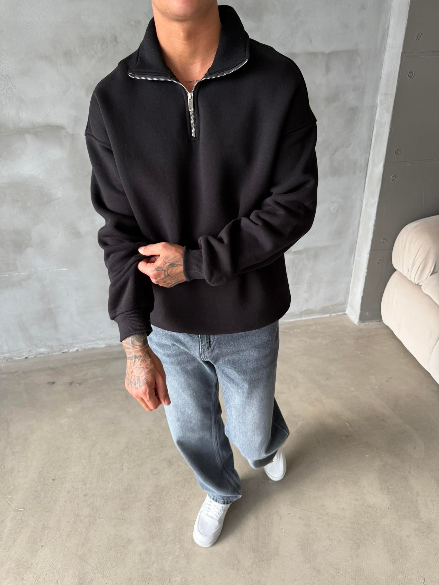 Düz Basic Yarım Fermuarlı Zip Sweat - Siyah