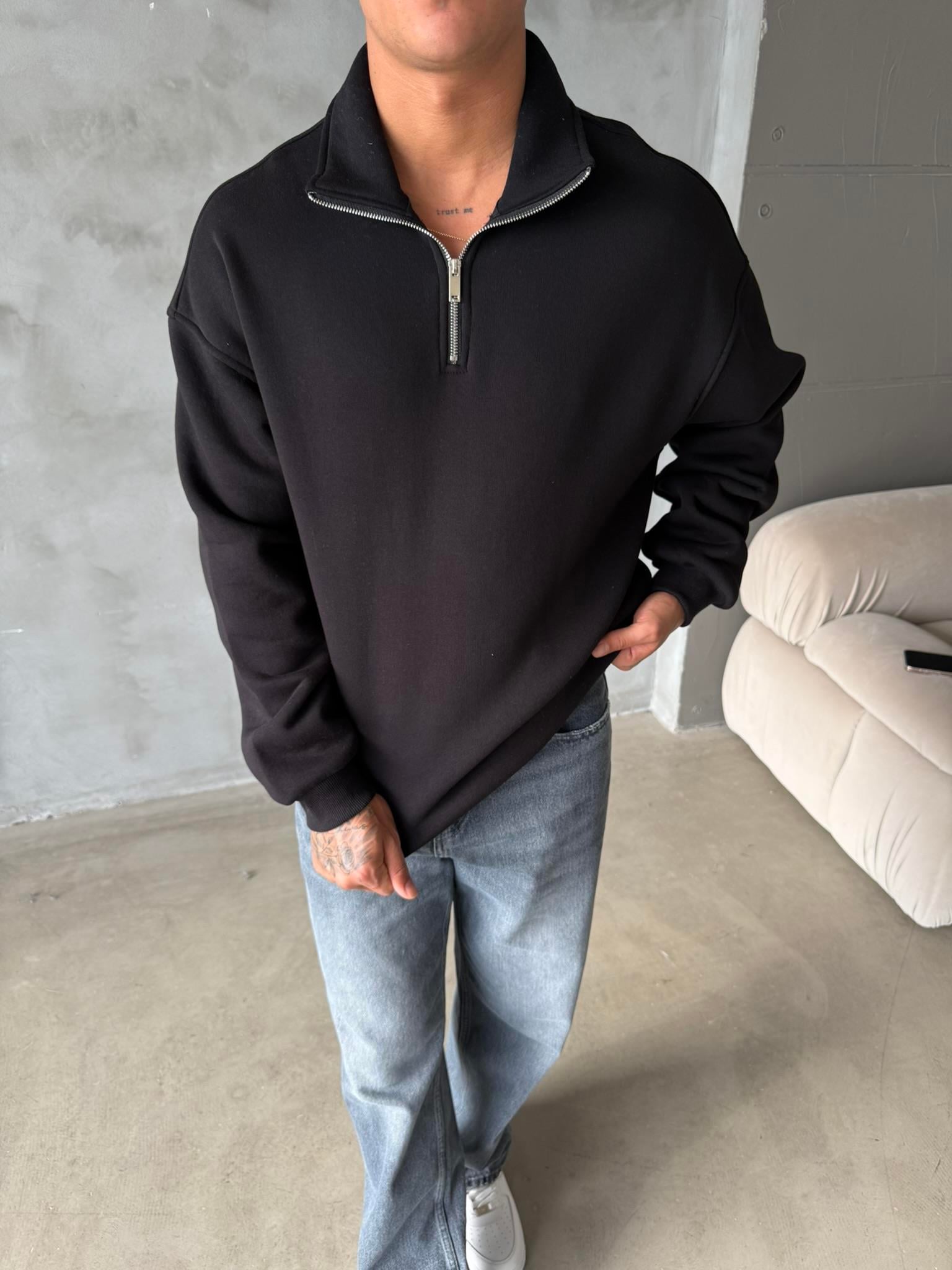 Düz Basic Yarım Fermuarlı Zip Sweat - Siyah