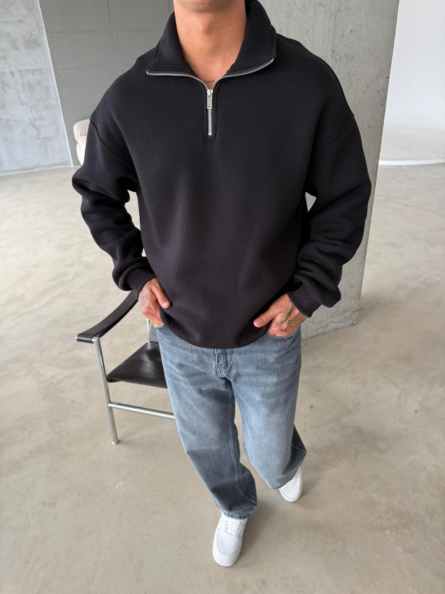 Düz Basic Yarım Fermuarlı Zip Sweat - Siyah