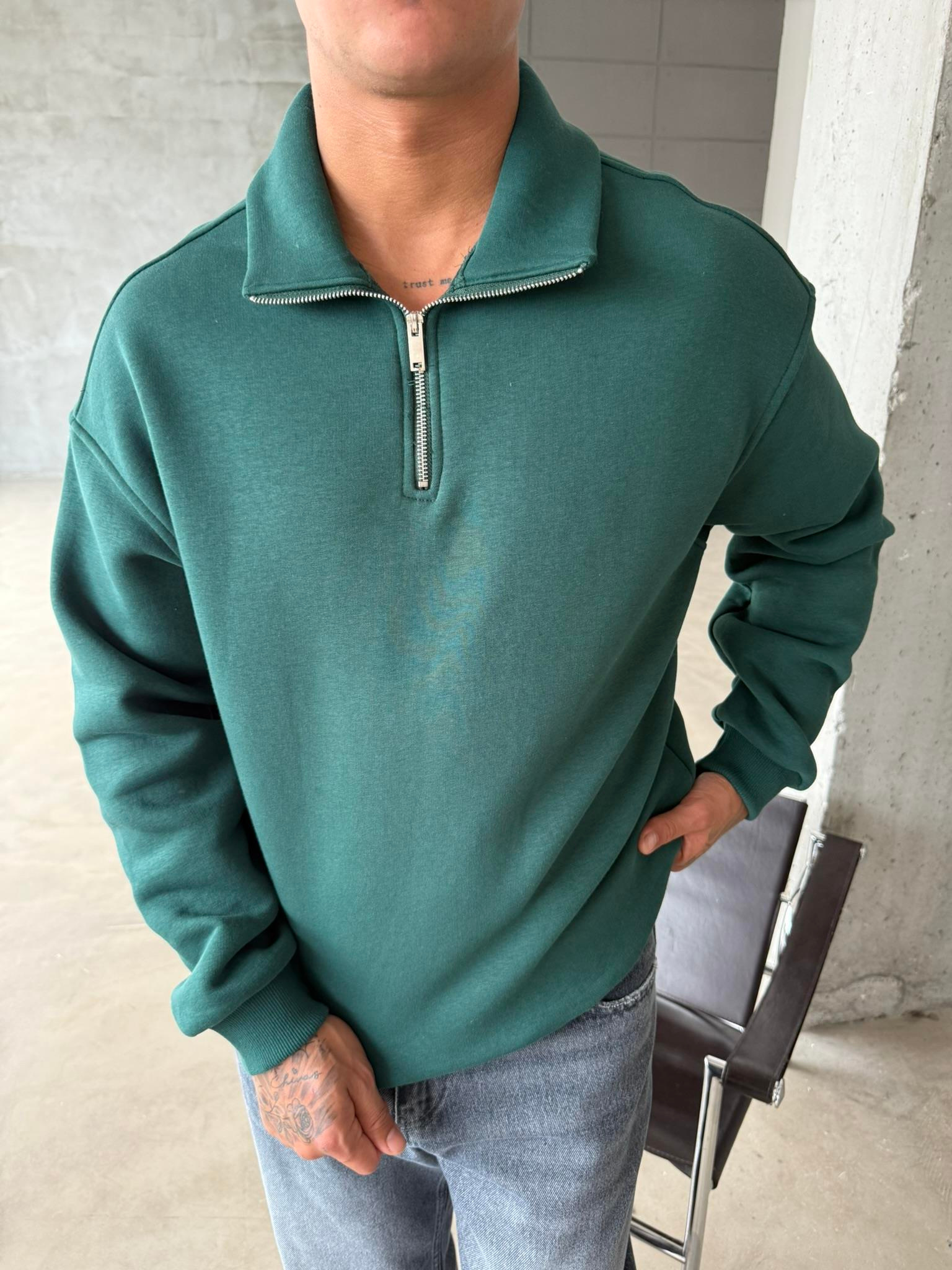 Düz Basic Yarım Fermuarlı Zip Sweat - Yeşil