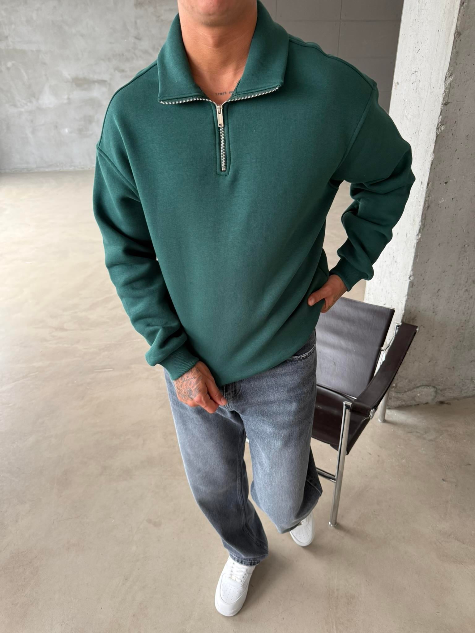 Düz Basic Yarım Fermuarlı Zip Sweat - Yeşil