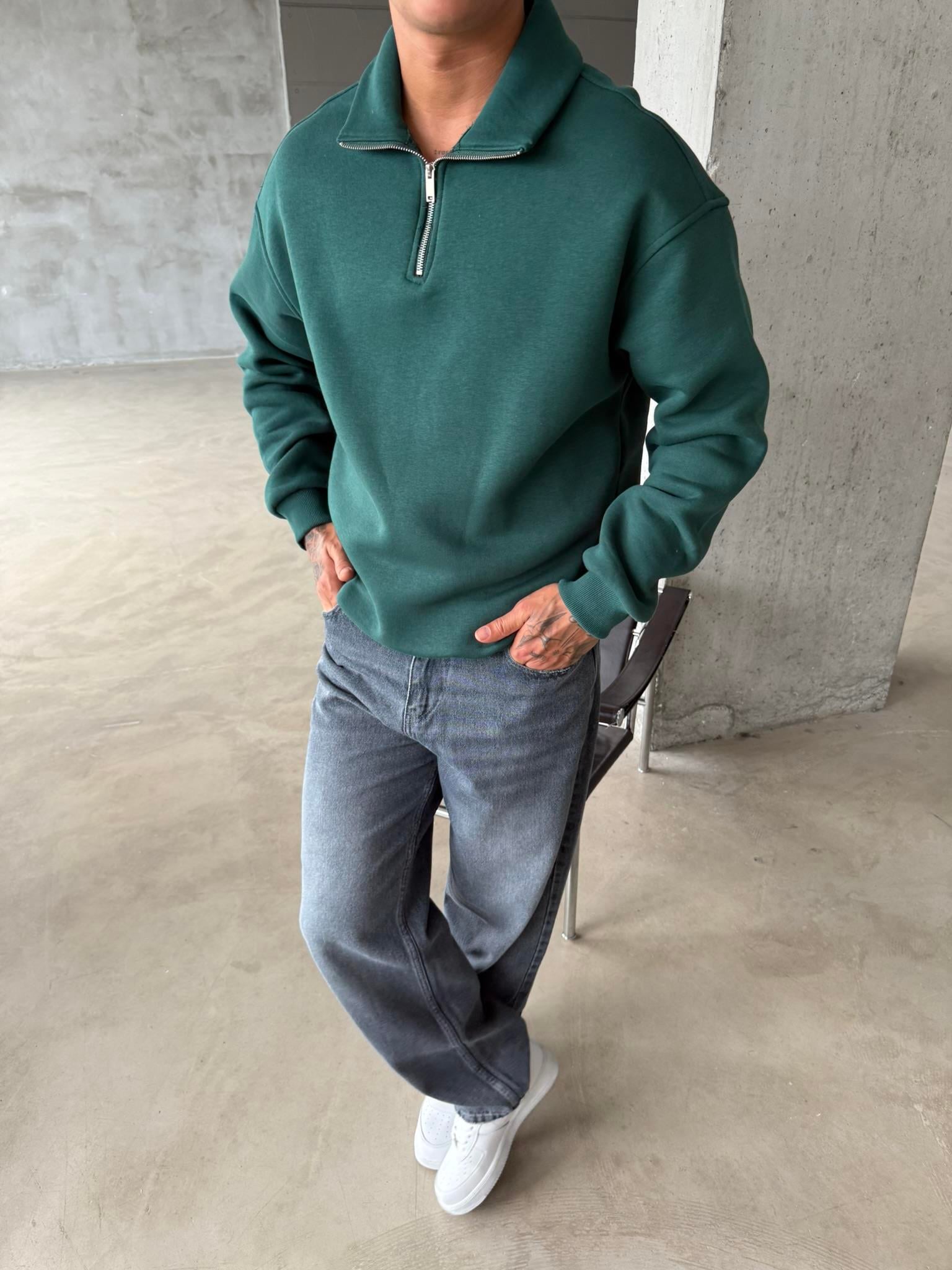 Düz Basic Yarım Fermuarlı Zip Sweat - Yeşil