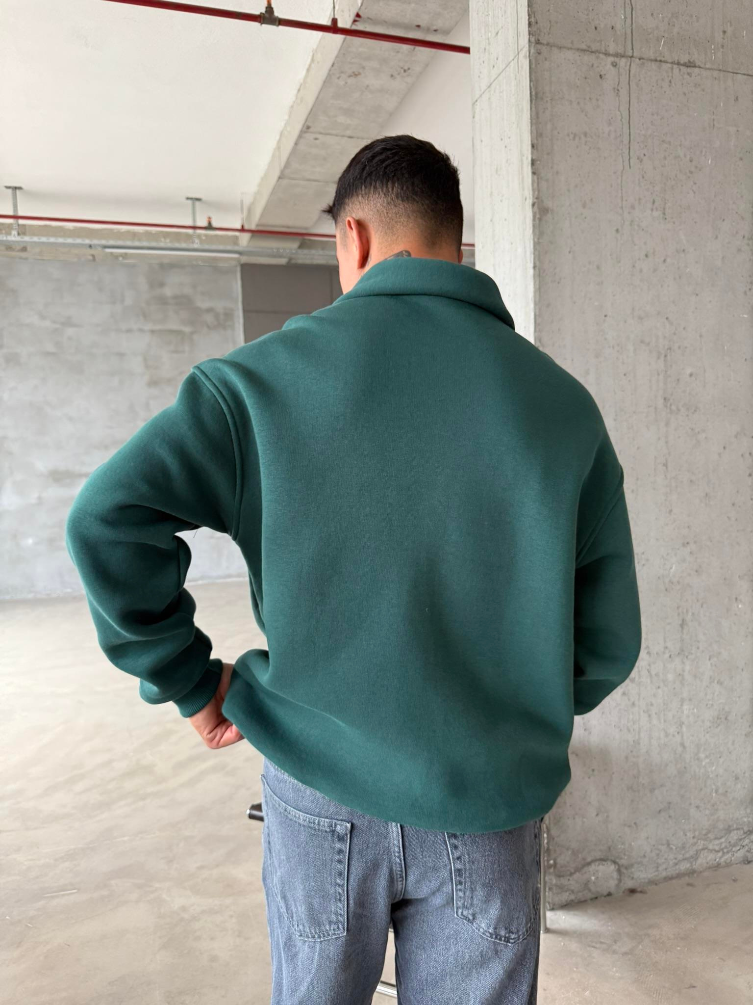 Düz Basic Yarım Fermuarlı Zip Sweat - Yeşil