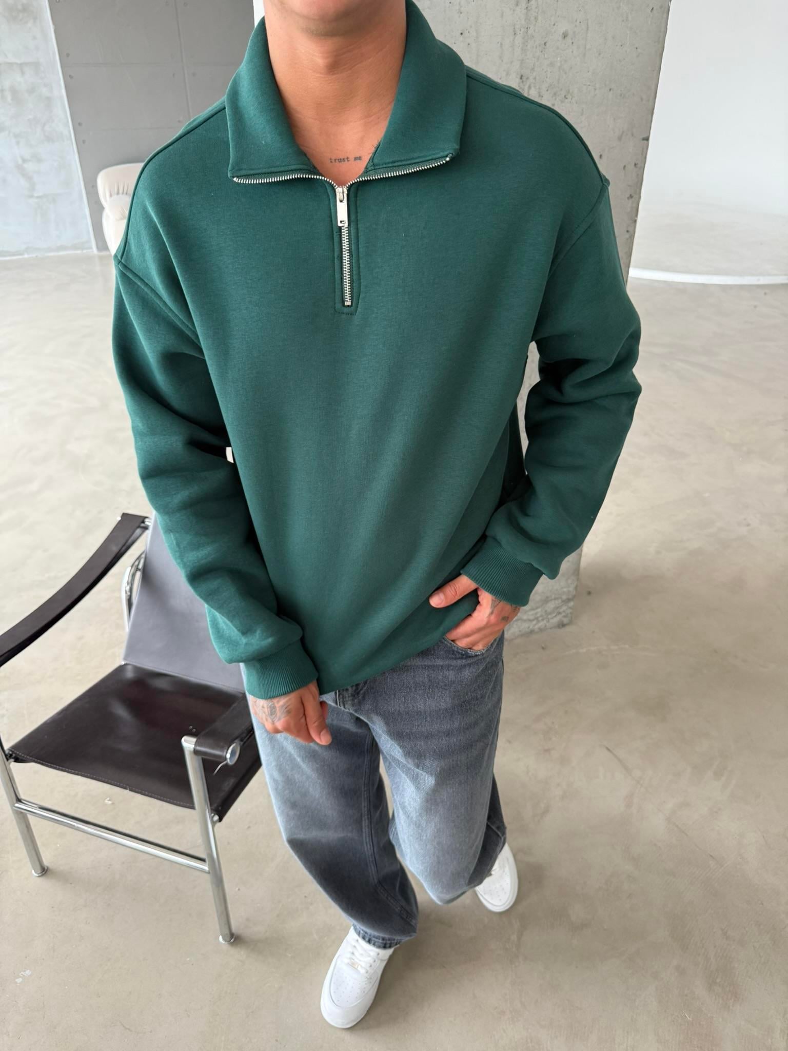 Düz Basic Yarım Fermuarlı Zip Sweat - Yeşil
