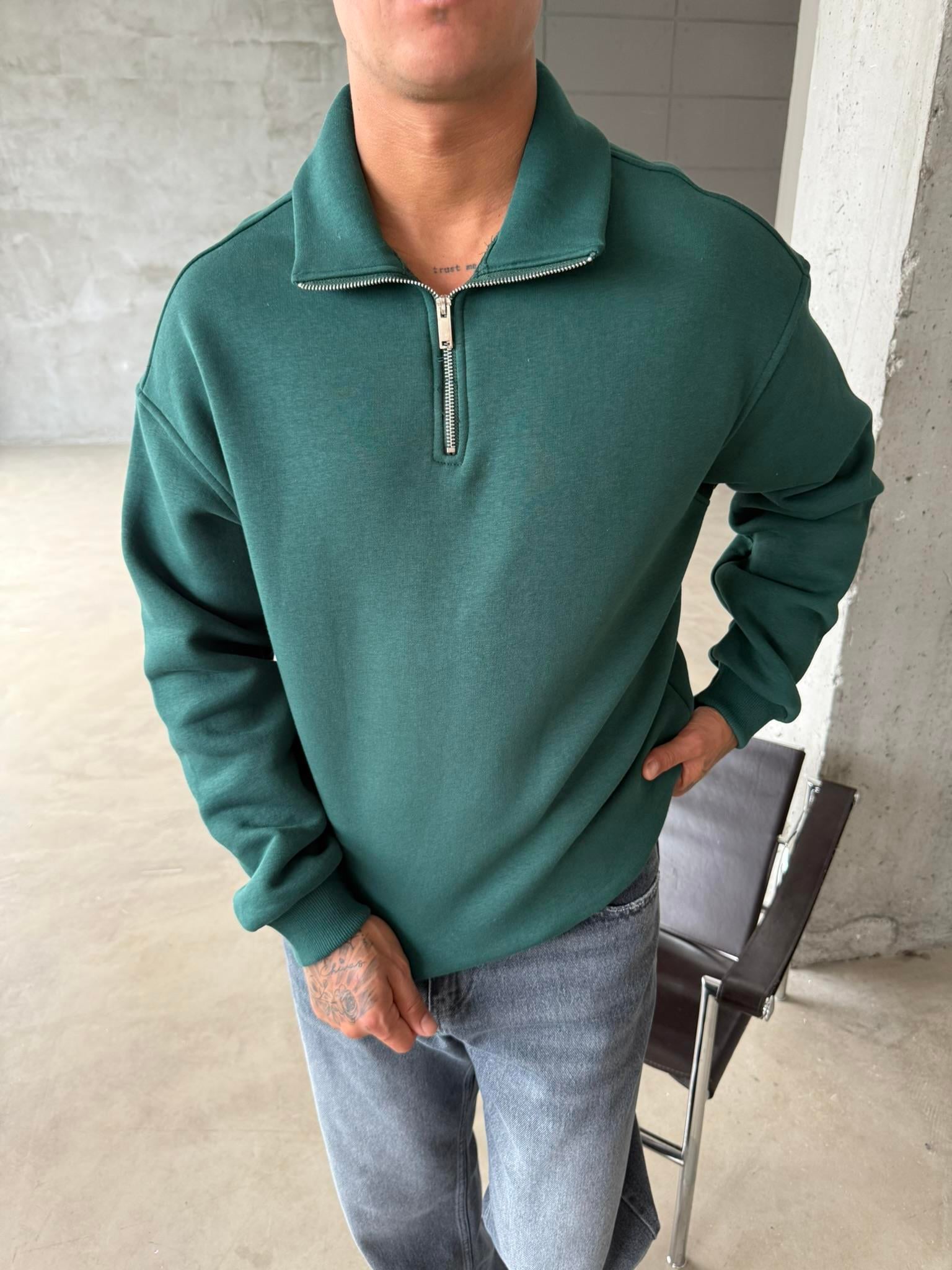 Düz Basic Yarım Fermuarlı Zip Sweat - Yeşil