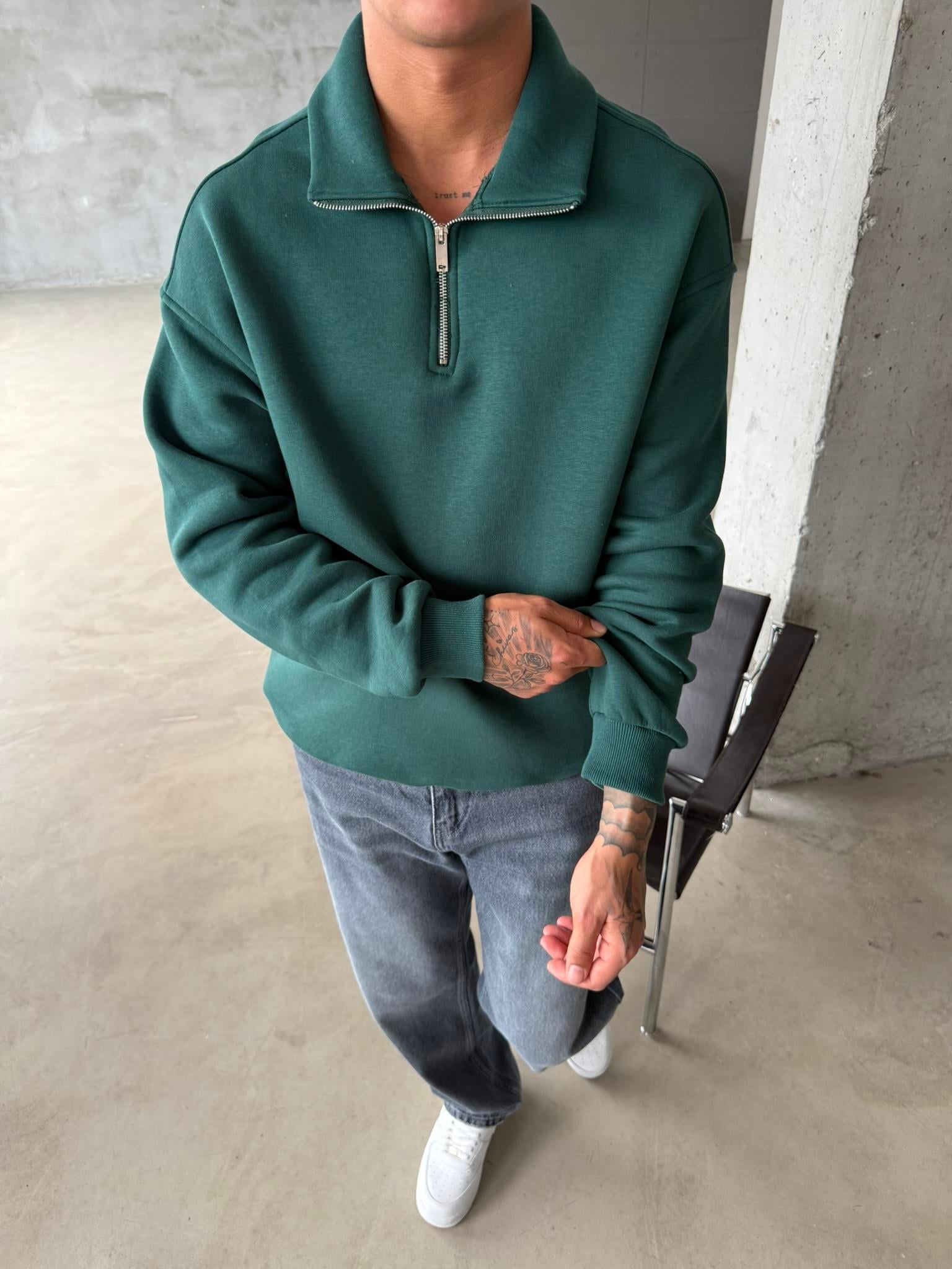 Düz Basic Yarım Fermuarlı Zip Sweat - Yeşil