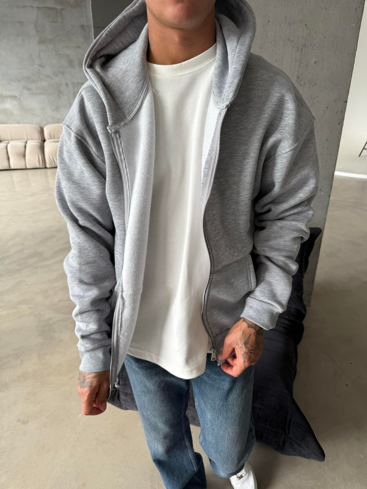 Düz Basic Zip hırka - Gri